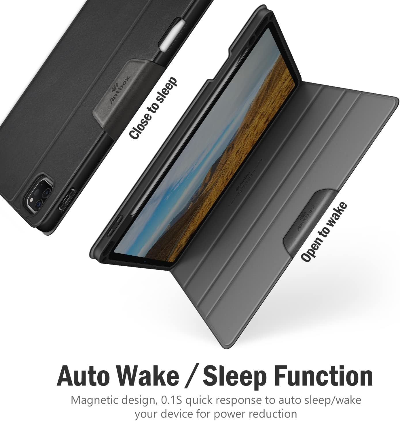 Custodia per Ipad Pro 12,9 Pollici 2022/2021/2020/2018 (6ª/5ª/4ª/3ª Generazione) in Pelle PU Con Portapenne, Auto Sveglia/Sonno, Supporta La Ricarica Di Pencil 2ª Gen (Nero)