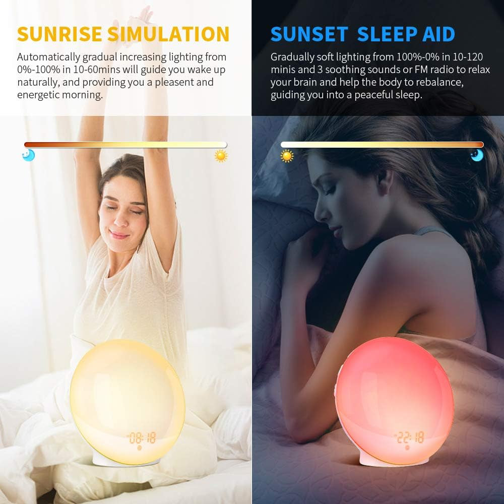 Wake up Light, Luce Sveglia Da Comodino Con Simulazione Dell'Alba E Tramonto, Luce Notturna LED Con FM Radio Funzione Snooze, Luce Sveglia Digitale per 20 Livelli Di Luminosità E 11 Colori