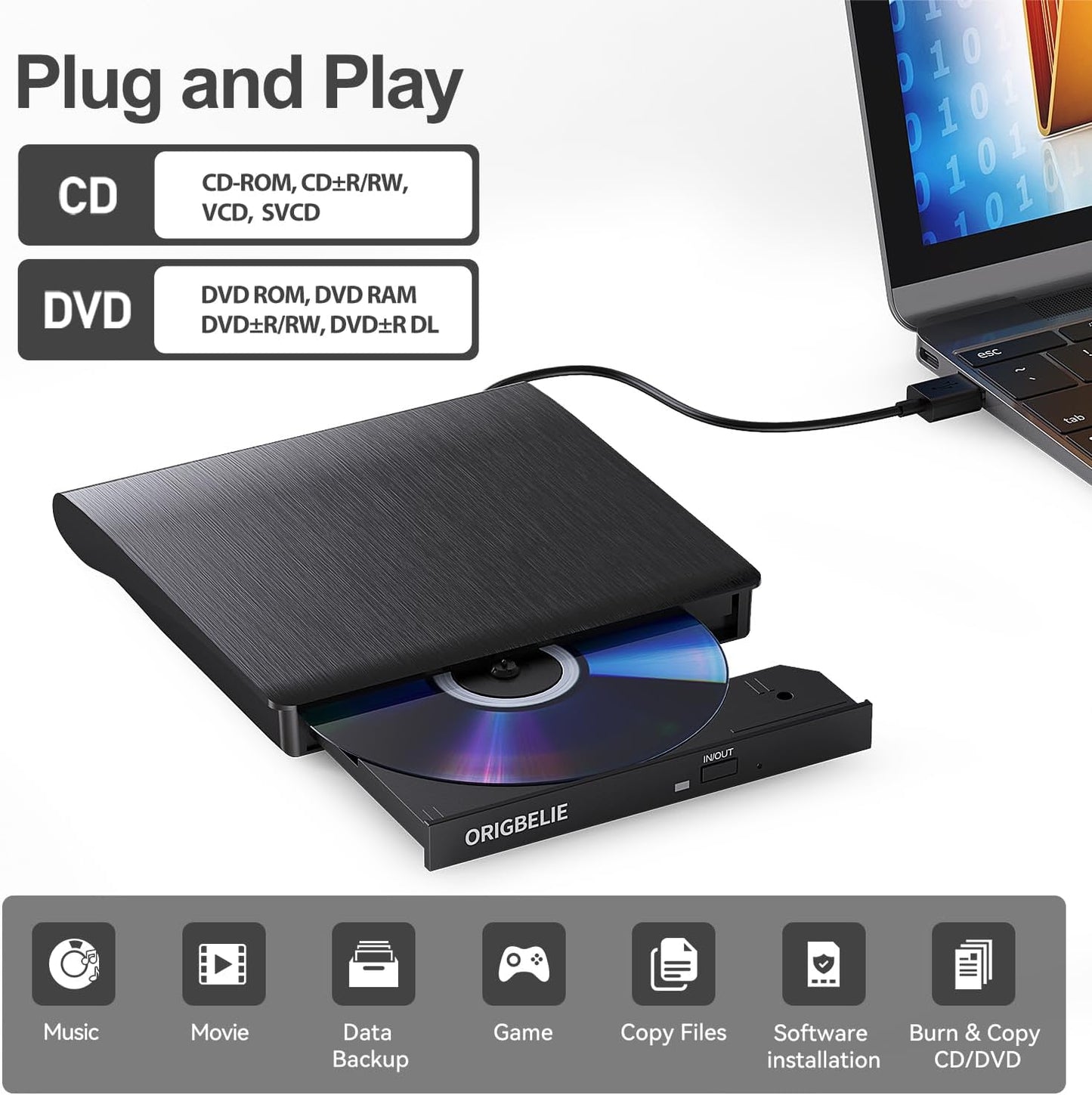 Lettore CD Esterno USB 3.0 DVD-R CD-RW Drive, Plug&Play Masterizzatore DVD Esterno, Ultra Magro Lettore DVD Portatile per PC Desktop Macbook Air/Pro Windows 11/10/8/7/XP Vista Linux Mac OS