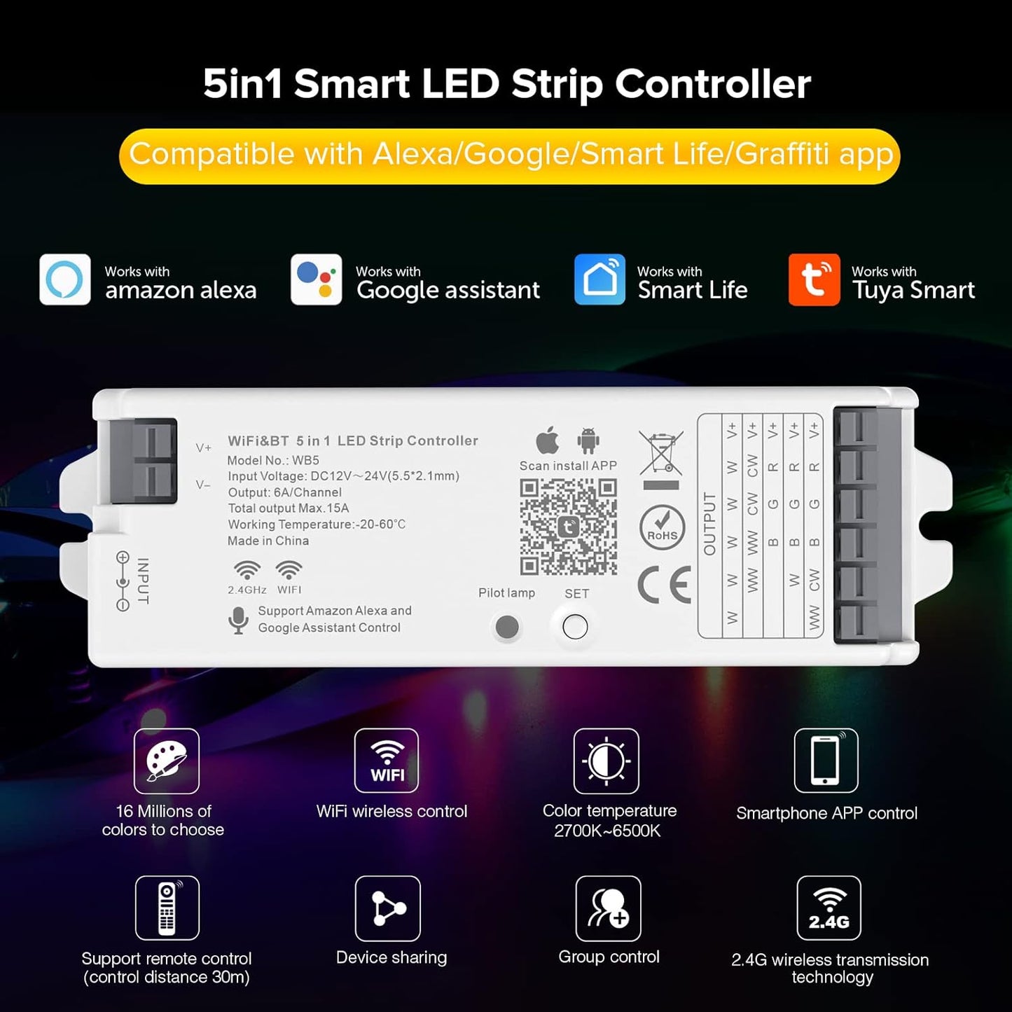 WB5 Controller LED Wifi Bluetooth 5 in 1 Sincronizzazione Automatica, Compatibile Con Alexa/Google Home/Tuya Smart Life APP Controllo per Strisce LED Monocromatiche RGB RGBCCT RGBW DC12-24V