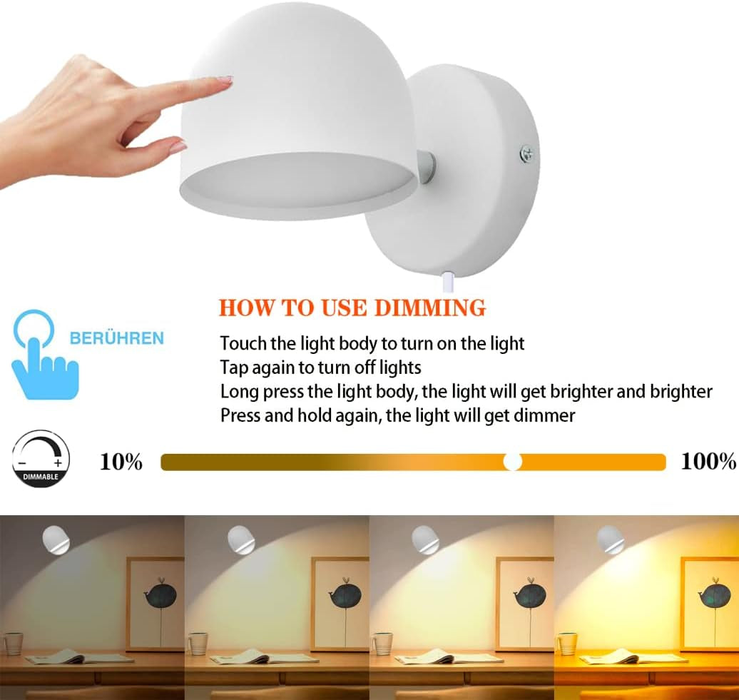 Lampada Da Parete Interno Con Spina, LED 9W Applique Da Parete Touch Control Dimmerabile, Girevole a 350° Lampada Da Comodino, 3000K Bianco Caldo Regolabile Luce Lettura per Camera Da Letto,Bianca