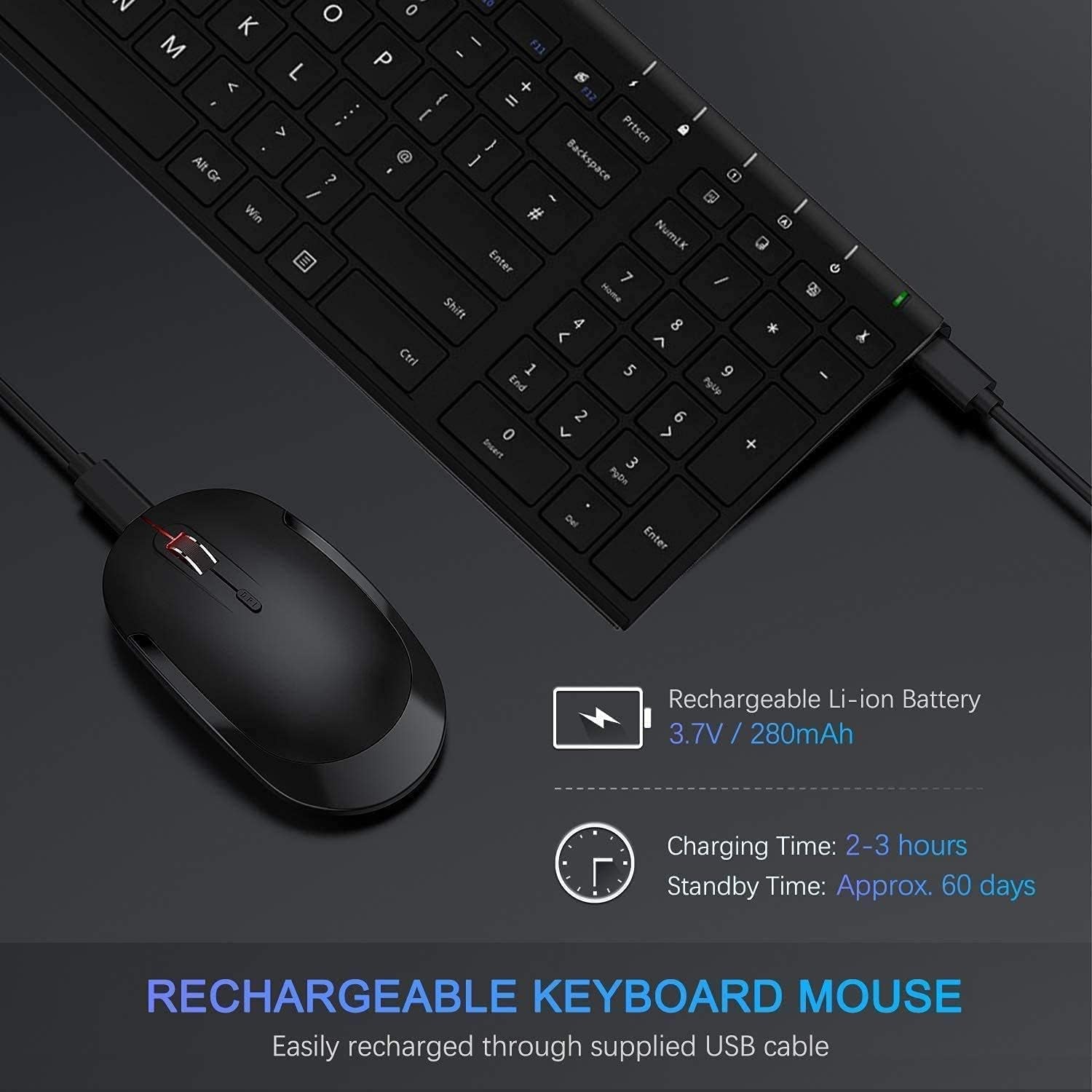 Tastiera E Mouse Senza Fili per Windows,Combo Ricaricabile, Ricevitore USB, Tasti Multimediali, Silenziosi, Ultra-Fin, Disposizione AZERTY Francese Nero