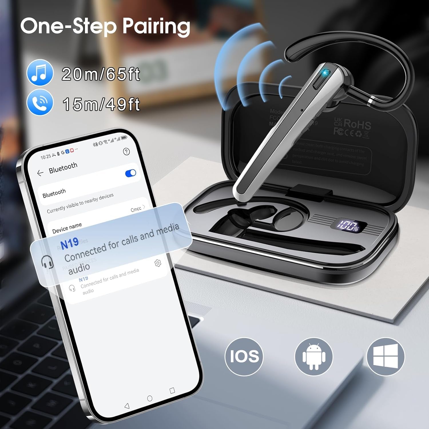 Auricolare Bluetooth, Auricolari Bluetooth 5.3 Con Microfono Antirumore, Cuffie Wireless Bluetooth Con Gancio Girevole, 120 Ore Conversazione Cuffiette Senza Fili per Lavoro/Business, Nero