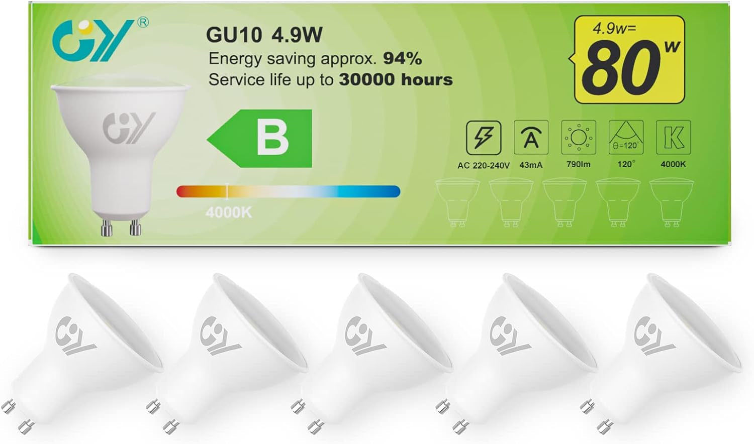 Lampadine GU10 LED, 4.9W (Equivalenti a 80W), 790 Lumen, 4000K Bianco Neutro, Risparmio Energetico LED GU10, Lunga Durata, Basso Consumo, 120° Angolo Del Fascio,Non Dimmerabile, 5 Pezzi