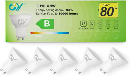 Lampadine GU10 LED, 4.9W (Equivalenti a 80W), 790 Lumen, 4000K Bianco Neutro, Risparmio Energetico LED GU10, Lunga Durata, Basso Consumo, 120° Angolo Del Fascio,Non Dimmerabile, 5 Pezzi