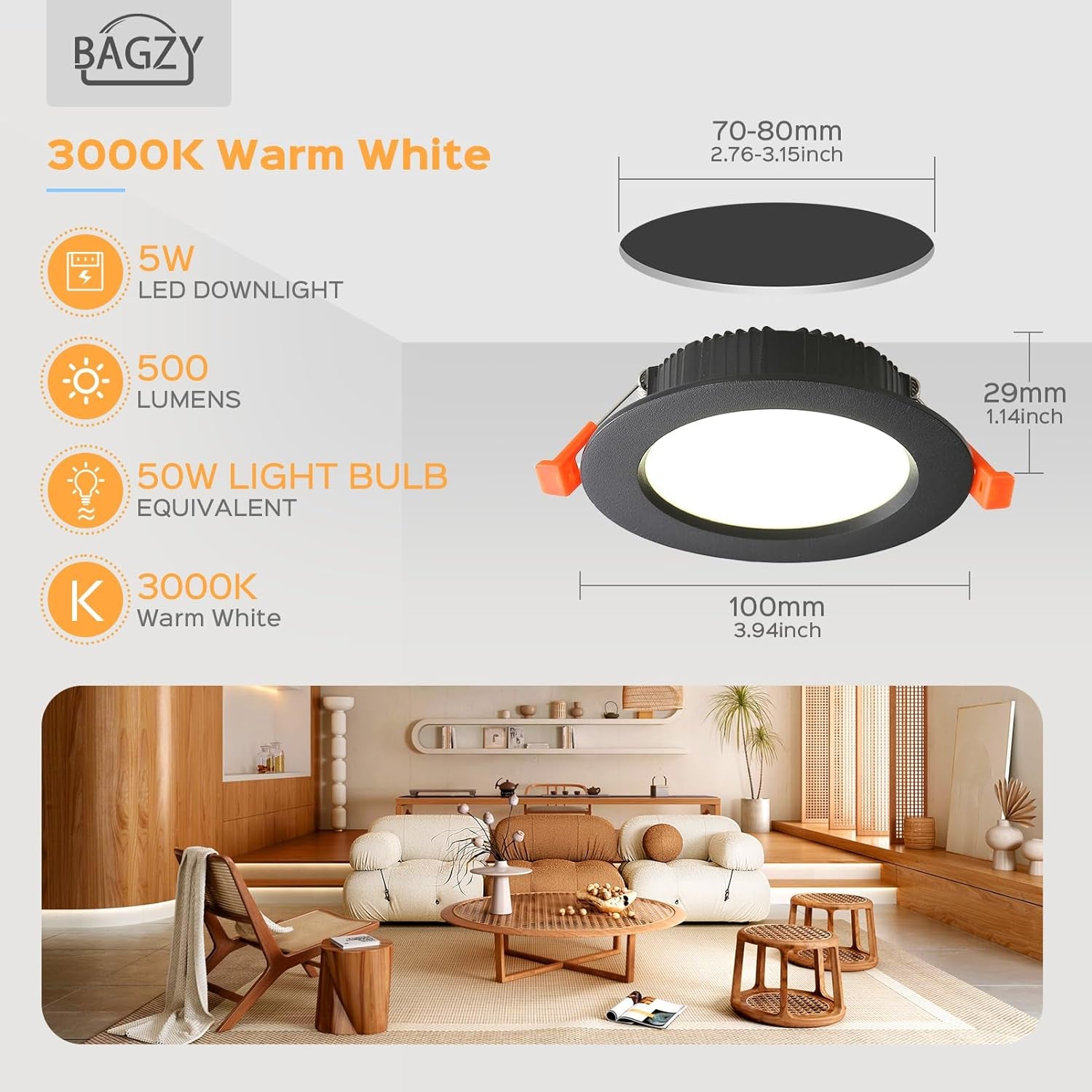5X Faretti LED Da Incasso per Cartongesso,5W Luci Ultrasottili Da Soffitto E per L’Illuminazione Da Interno Ip44,Bianco Caldo 3000K,500 Lumen,Ac 220-240V,Foro Incasso 70-80Mm(Nero)