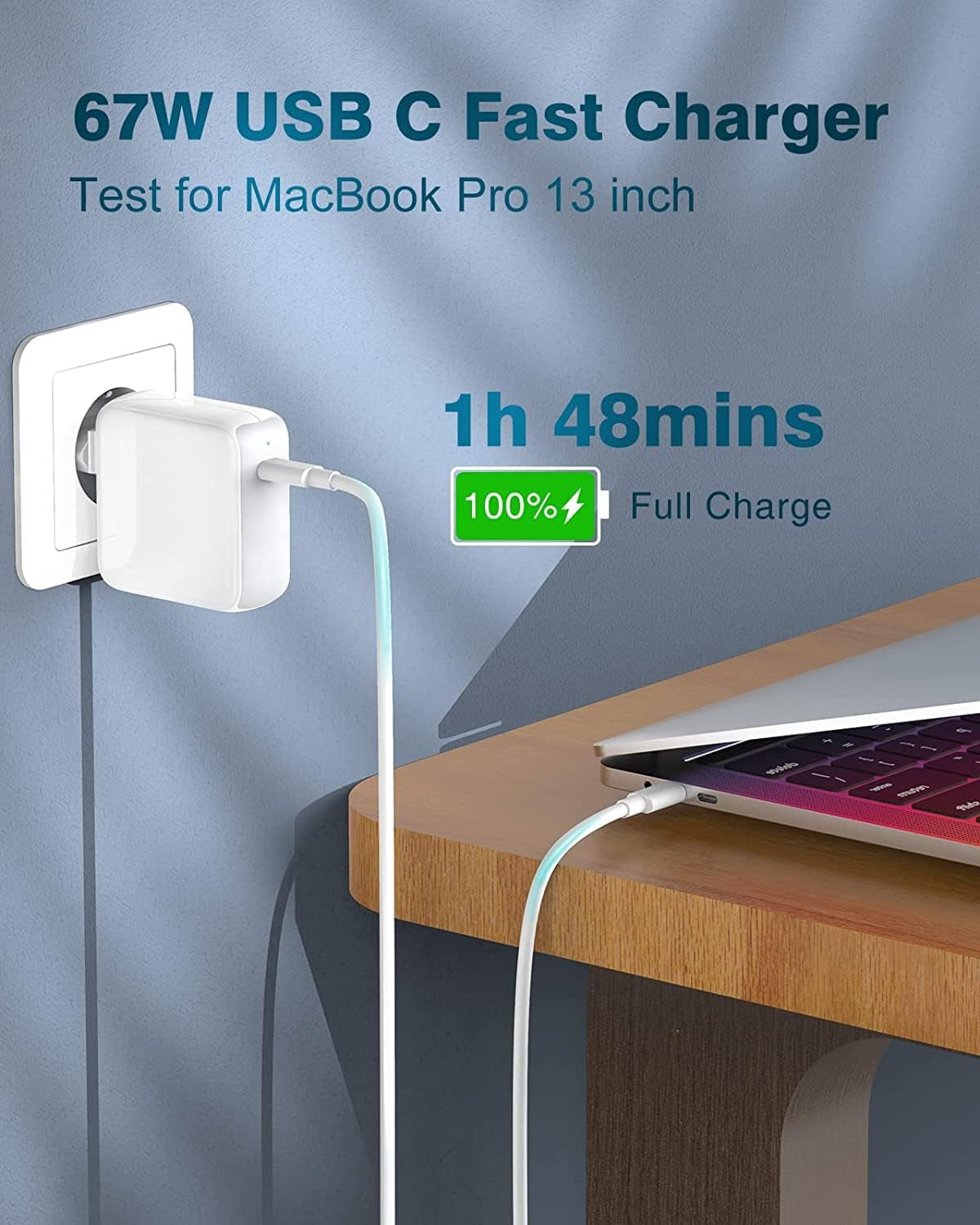 67W Caricatore per Macbook Pro 13/14/ 15/16 Pollici, Macbook Air 2020/2019/ 2018, Ipad Pro 12.9/11", HP, Lenovo, Caricabatterie Rapido, Cavo USB C a C 2M, LED