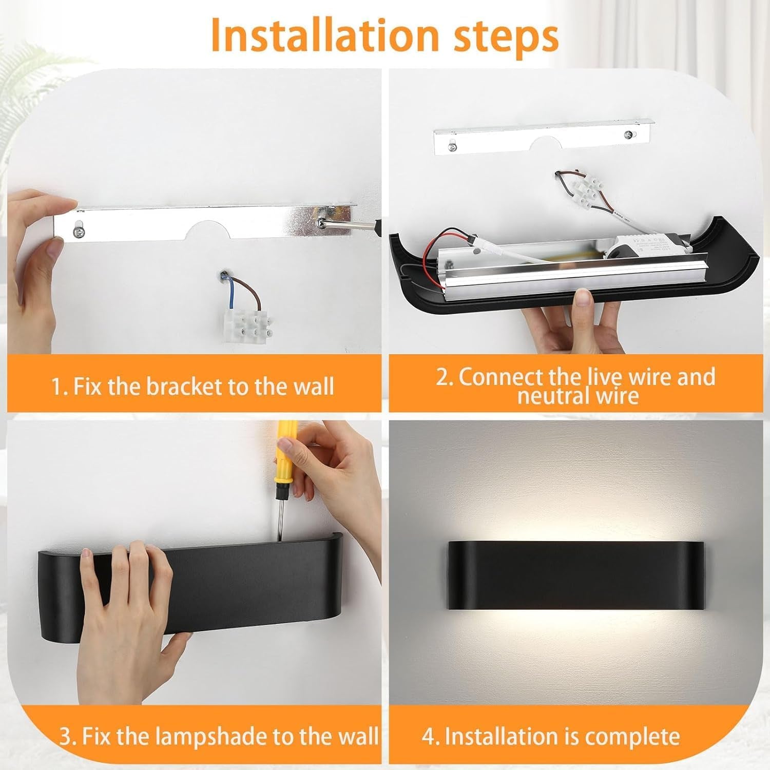 2Pezzi Applique Da Parete Interno Nero, 16W Lampada Da Parete Intern, 4500K Illuminazione Moderna per Camera Soggiorno, IP44 Luci Da Parete Interno, Bianco Neutro Applique Camera Da Letto
