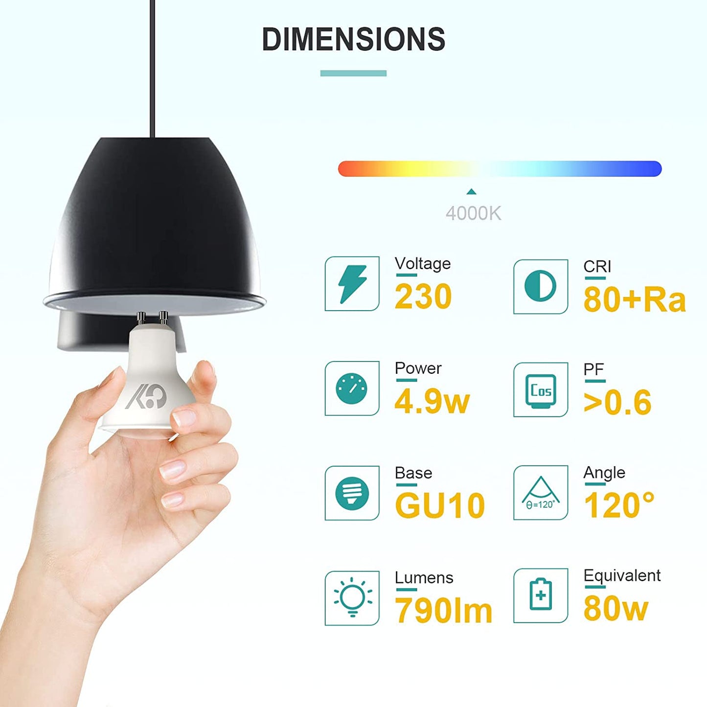 Lampadine GU10 LED, 4.9W (Equivalenti a 80W), 790 Lumen, 4000K Bianco Neutro, Risparmio Energetico LED GU10, Lunga Durata, Basso Consumo, 120° Angolo Del Fascio,Non Dimmerabile, 5 Pezzi