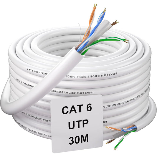 Cavo Ethernet 30 Metri, Cavo Di Rete Cat 6 Esterno Gigabit Bobina Cavo LAN UTP Cavo LAN 23AWG Cavo Internet Bianco Cavo Patch Lungo