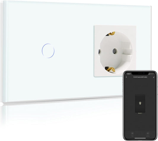 Prese Normali Da 16 a Con Interruttore Intelligente Wifi in Vetro, Interruttore Da Parete Compatibile Con Alexa E Google Home Su Rete Da 2.4 Ghz, 1 Via, Colore Nero (Richiede Conduttore Neutro)