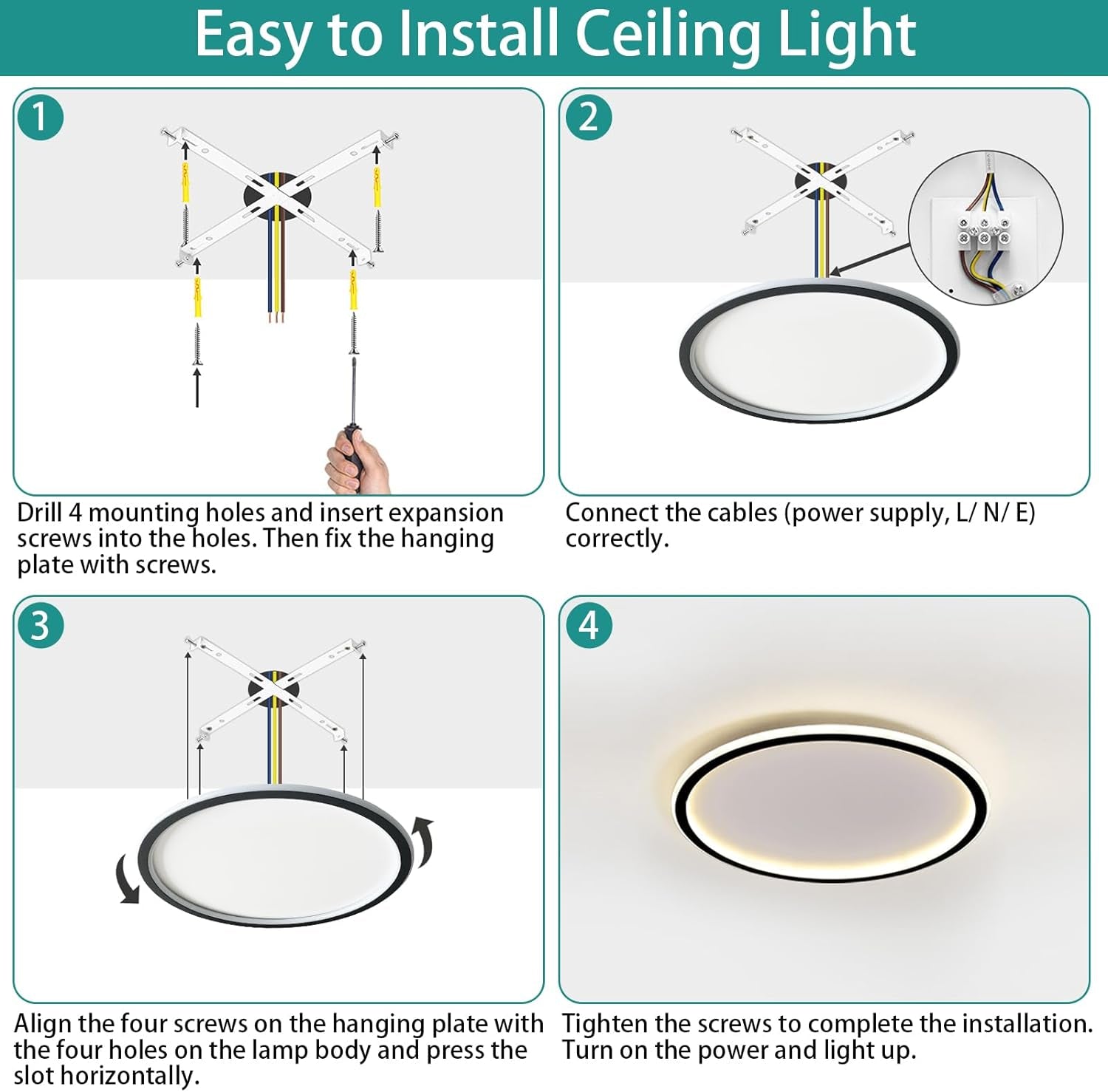 Plafoniera LED Soffitto 24W, Lampada Da Soffitto Plafoniera Soffitto 4500K, Plafoniera LED Soffitto Moderna per Camera Da Letto Cameretta Bambini, Cucina, Corridoio, Nero, Ø31.5Cm