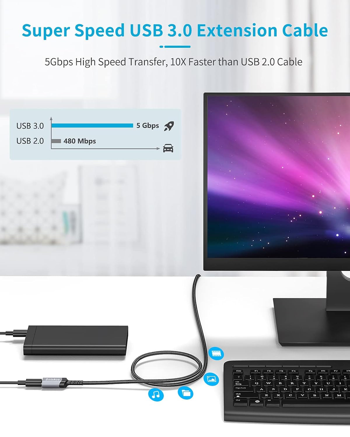 Cavo Prolunga USB 3.0 3M, Tipo a Cavo Di Prolunga Da Maschio a Femmina Trasferimento 5Gbps, Compatibile Con Tastiera, Mouse, Gamepad, Unità Flash, Disco Rigido, Playstation, Stampante E Altro
