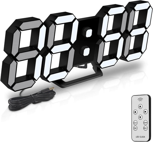 Orologio Parete Digitale Sveglia LED 25.2Cm Snooze 3D Silenzioso Luminosità Regolabile Memoria 12/24H Data/Temperatura Controllo Remoto Luce Notturna Comodino Camera Letto Cucina Ufficio