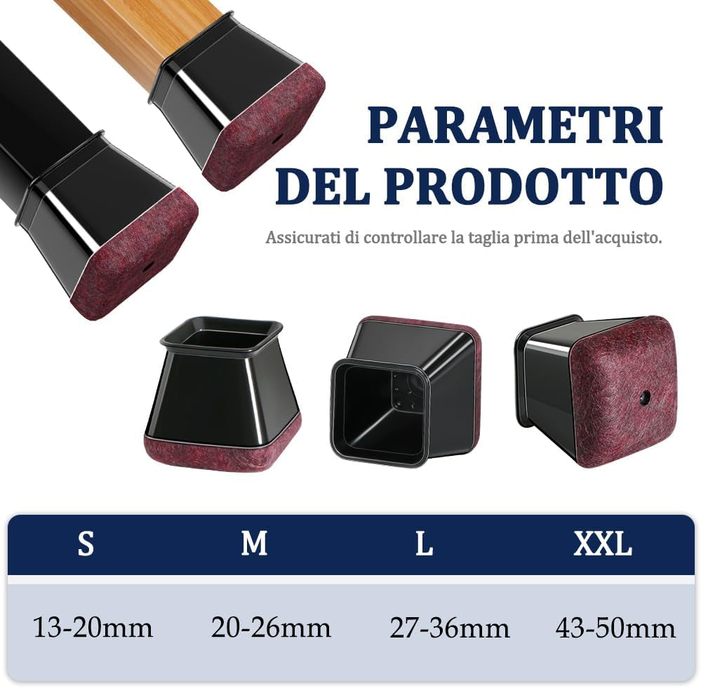 32 Pezzi Feltrini per Sedie Quadrati, Gommini per Sedie Con Feltrini Aggiornato Ispessito, Nero Tappi Silicone, Protezioni per Gambe Di Sedie Mobili per Pavimenti in Legno（Fit: 20-26Mm)