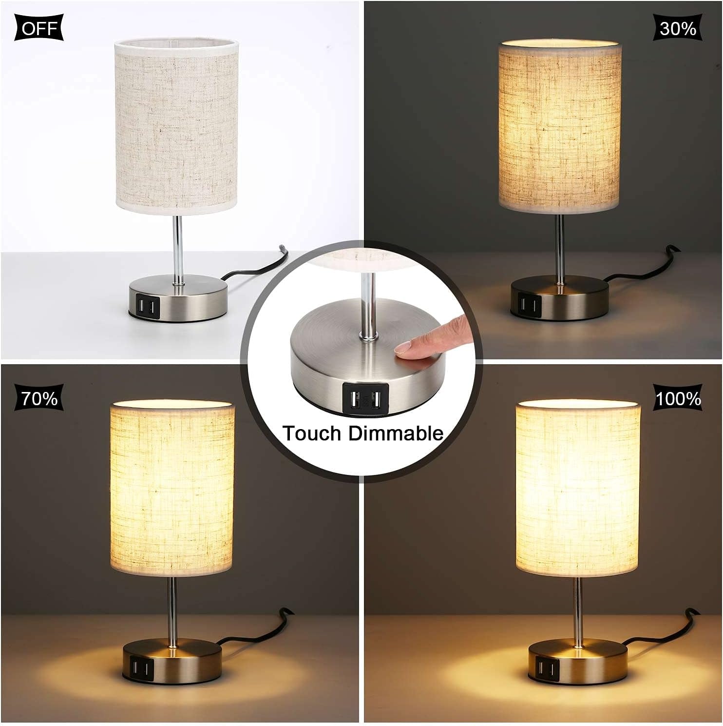 2 Pezzi Lampada Da Comodino Touch Dimmerabile Lampada Da Tavolo LED Paralume in Tessuto Beige Lampadina Bianco Caldo E14 Interruttore Doppia Porta USB, Cilindrico,Inclusa Lampada Vintage