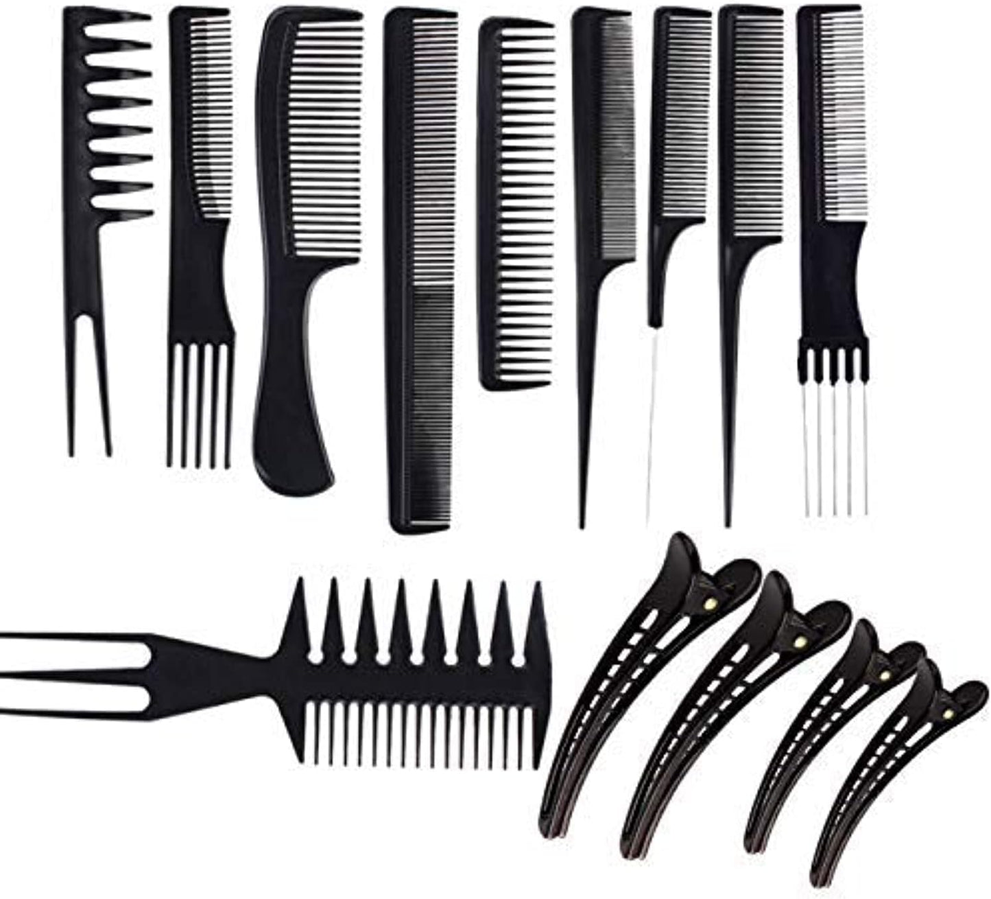 10 X Pettini Antistatici Diversi Set Pettini Professionali per Parrucchieri Parrucchiera + 4 X Fermagli per Capelli, Pettine Professionale per Capelli Barbiere Acconciature, Nero