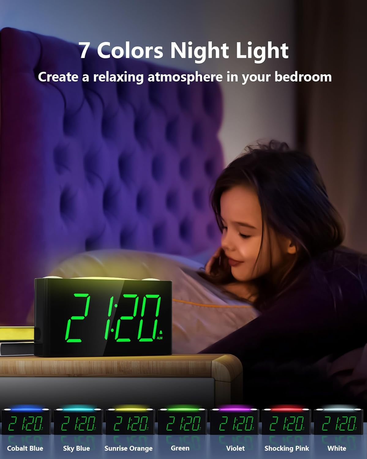 Sveglia Digitale Plug-In Da Comodino, Orologio Da Tavolo Con 7Colori Di Luce Notturna,Grande LED Display&Dimmer, USB Ricaricare,Batteria Di Ricambio (Non Inclusa), per Bambini/Anziani,12/24 Ore