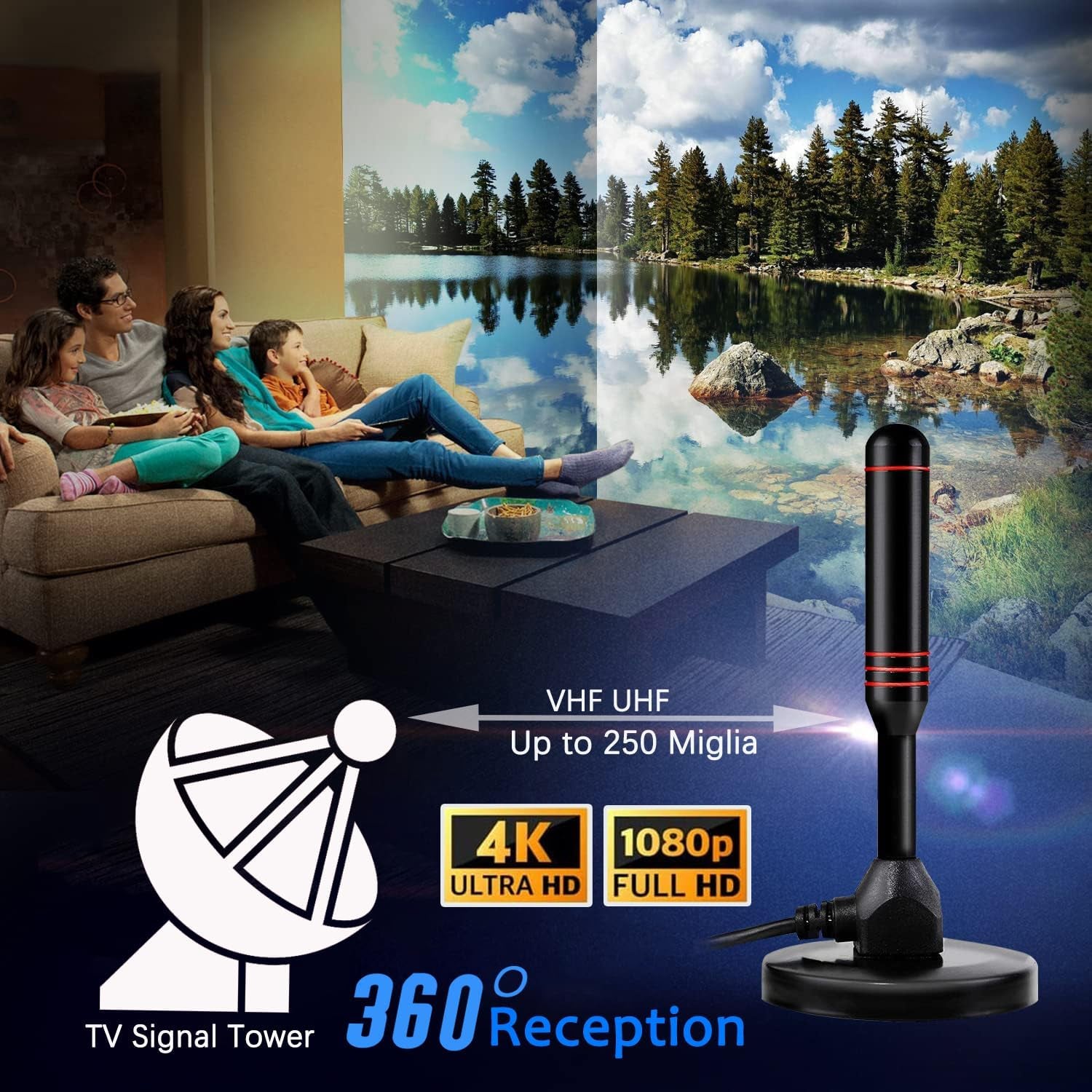 Antenna TV Interna, Antenna TV Interna HDTV Digitale 250+ Miglia Amplificata Con Base Magnetica/Amplificatore Di Segnale Support 4K HD/1080P/VHF/UHF per Home Smart Televisione/Radio, Cavo Coassiale 5M