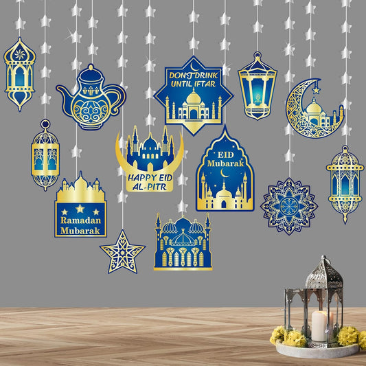 13 Stelle Filanti Di Carta per Ramadan Eid Mubarak Ghirlanda Di Lanterna Luna Pendenti Di Carta per Eid Al Fitr Decorazione Islamica Musulmana Matrimonio Compleanno Feste (Blu)