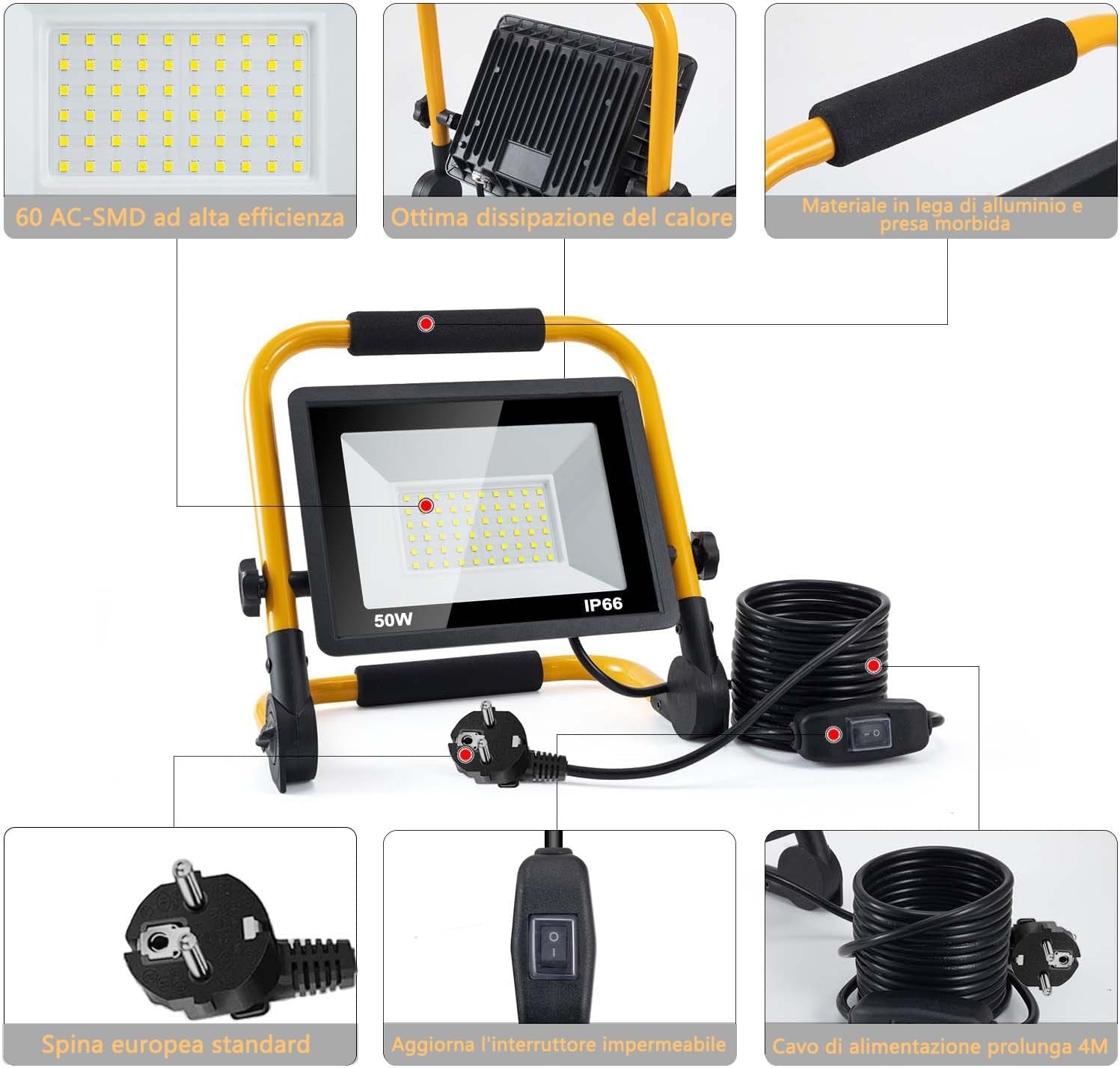 Faretto LED Da Cantiere 50W, 5000 LM, Super Luminoso Faro LED Con Spina, IP66 Impermeabile, 4 Metri Di Filo, Portatile, per Riparazioni Auto, Officina, Campeggio, Garage, 6500 K