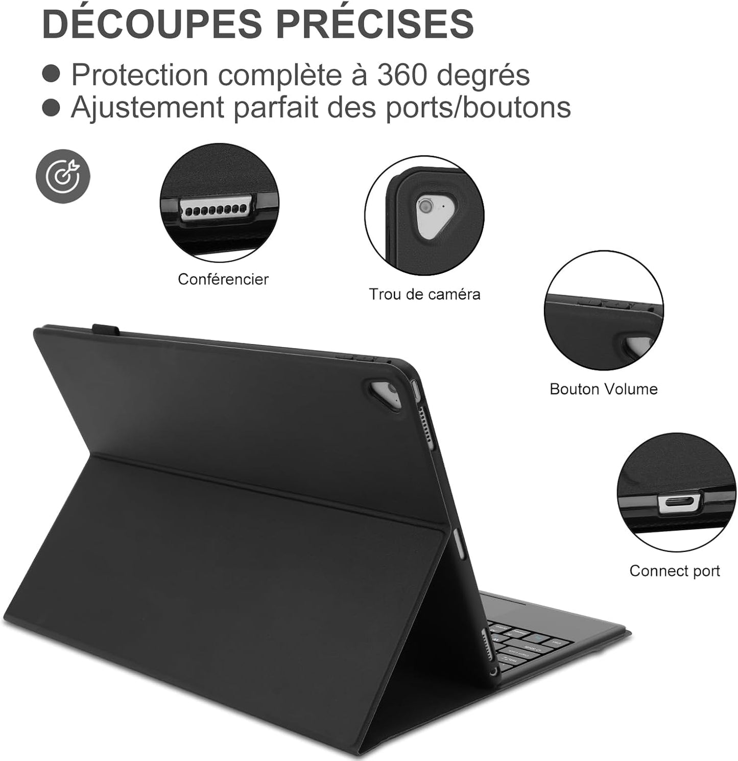 AZERTY - Custodia Tastiera Con Trackpad per Ipad Pro 12.9" 2017/2015 (1°/2° Generazione), Tastiera Bluetooth Rimovibile Con Touchpad per Ipad Pro 12.9" 2017/2015, Colore: Nero