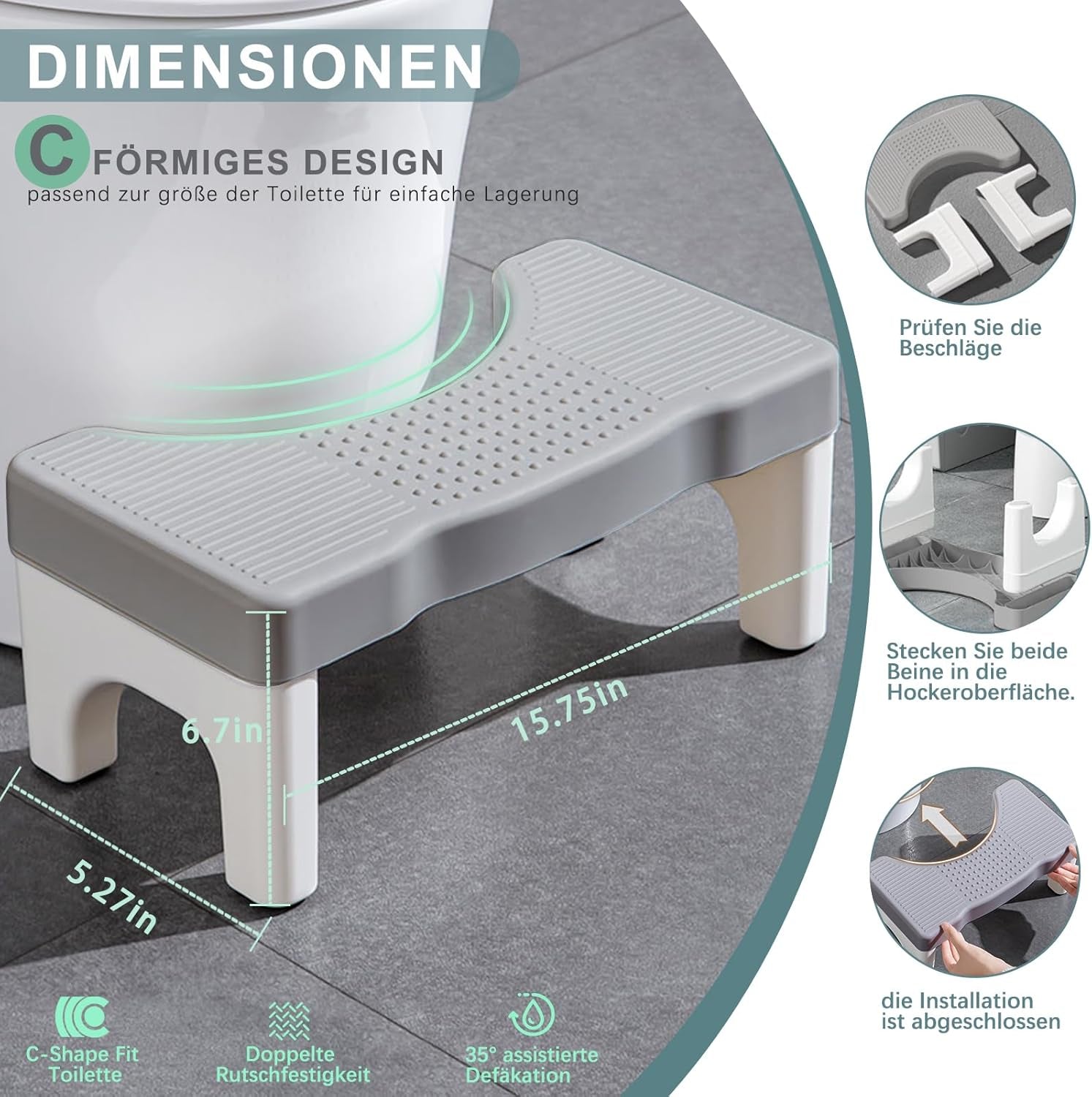 Sgabello WC per Adulti | Sgabello Da Cacca, Sgabello per WC | Sgabello per WC - Combatte Le Emorroidi, Stitichezza, Gonfiore, Sindrome Dell'Intestino Irritabile, Gonfiore Grigio