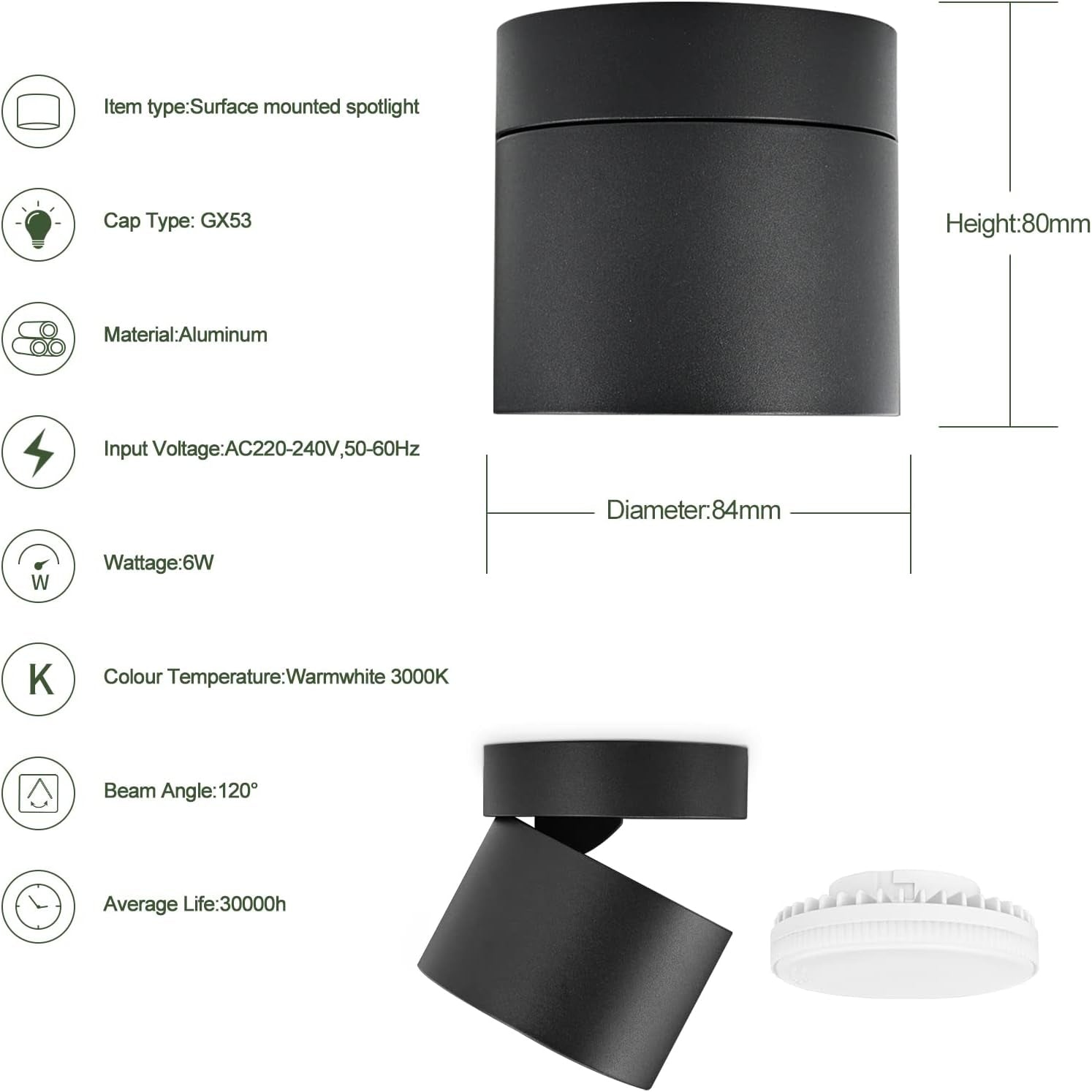 Faretto Da Soffitto a LED Orientabili Ø84*80Mm Con Modulo LED Intercambiabile 6W GX53 Lampadina LED Spot Light Nero Faretti Da Soffitto Luce Calda Bianca 3000K 550LM Apparecchio a Plafone