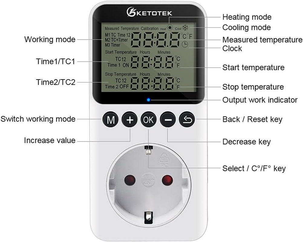 KT3200 Digitale Presa per Termostato Spina Con Timer Regolatore Di Temperatura Giorno Notte Con Sensore 3M Presa Di Corrente Termoregolatore Riscaldamento Raffreddamento per Serra Rettili