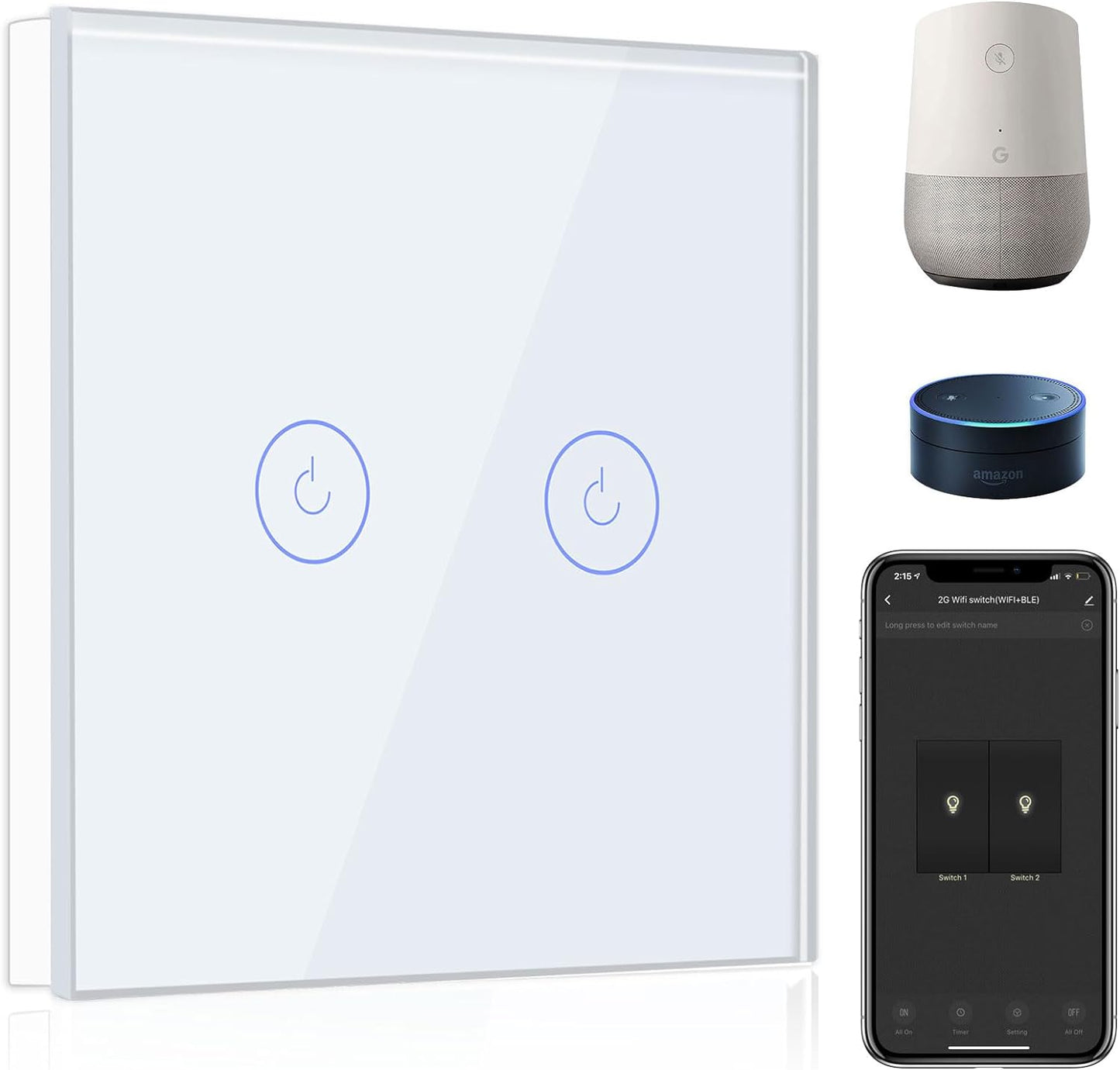 Interruttore Della Luce Intelligente Alexa a 2 Vie, 1 Via, Wifi, Funziona Con Amazon Alexa E Google Home, Interruttore Touch Screen in Vetro Bianco (Necessario Filo Neutro)