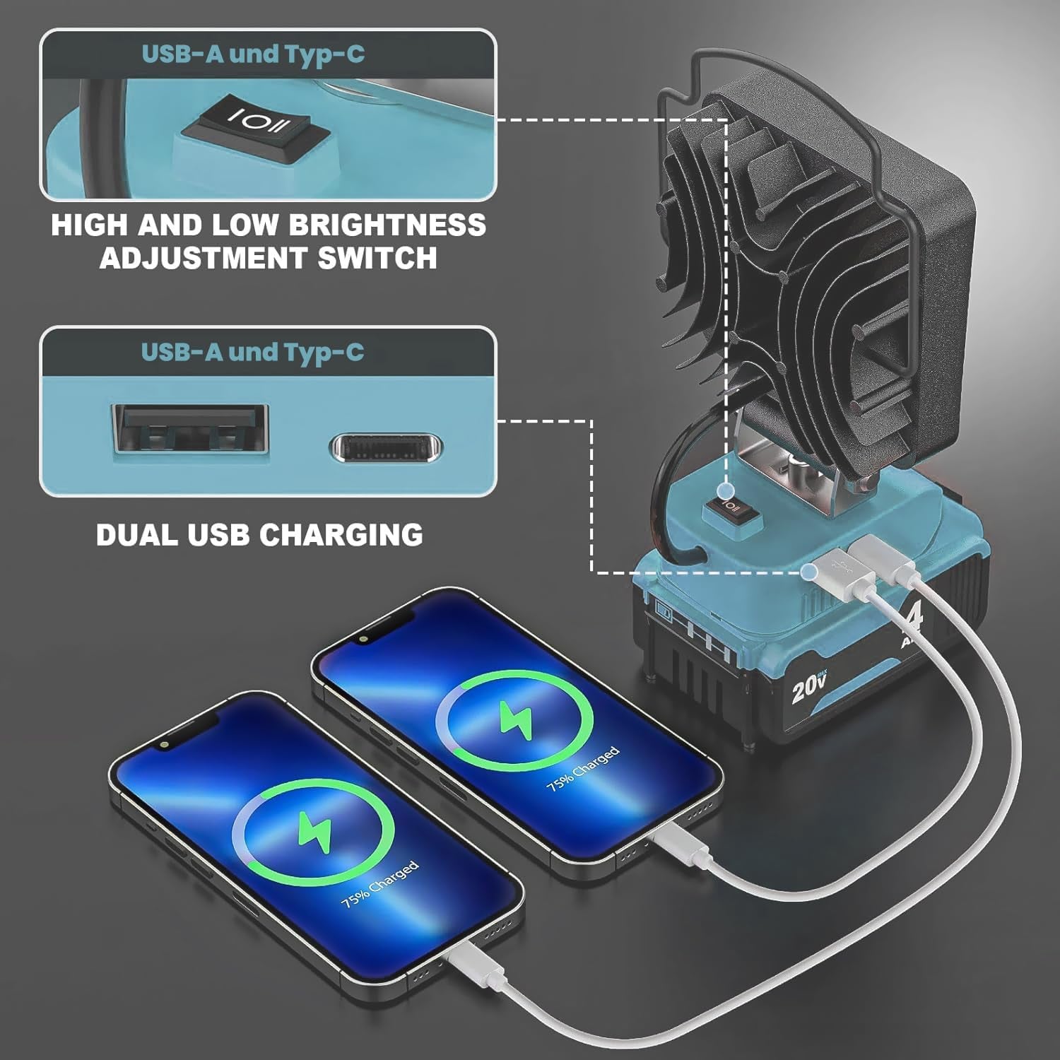 Lampada a Batteria per Bosch 18 V, Con Tipo C E Ricarica USB, 3900 Lumen, Lampada Bosch per Cantieri, Luci Di Inondazione Portatili