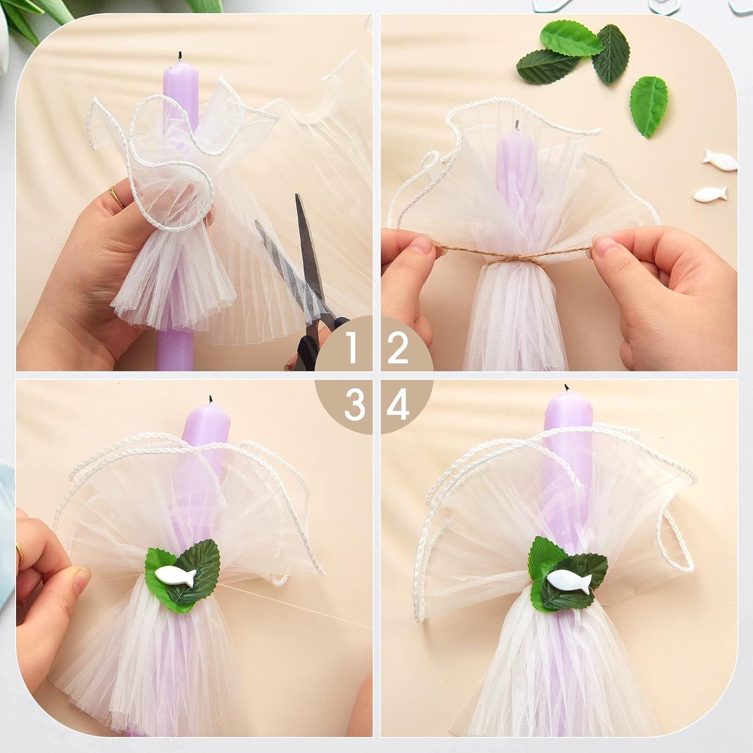 Set Di Gonne Di Candele per Comunione DIY per Fare 5-8 Tulle per Candele Con Foglie Di Eucalipto Pesce Protezione Antigoccia per Candela per Comunione Battesimo, Bianco