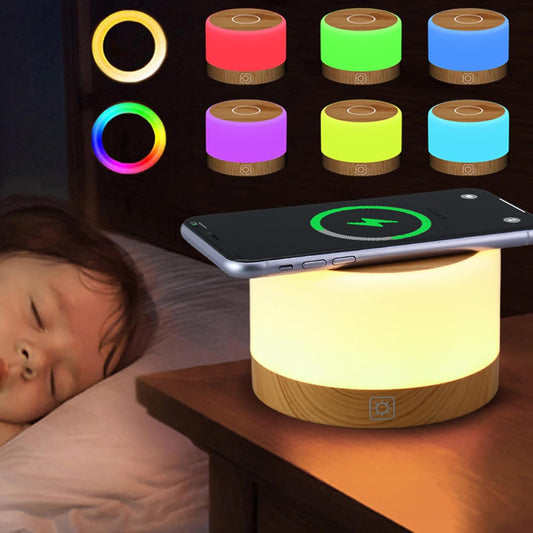 Lampada Da Comodino, Lampada Da Tavolo, 15 W, Caricatore Wireless, Luce Notturna 7 Fraben RGB E Dimmerabile, Funzione Di Memoria, Ricarica USB, Lampada Da Tavolo per Camera Da Letto, Soggiorno,