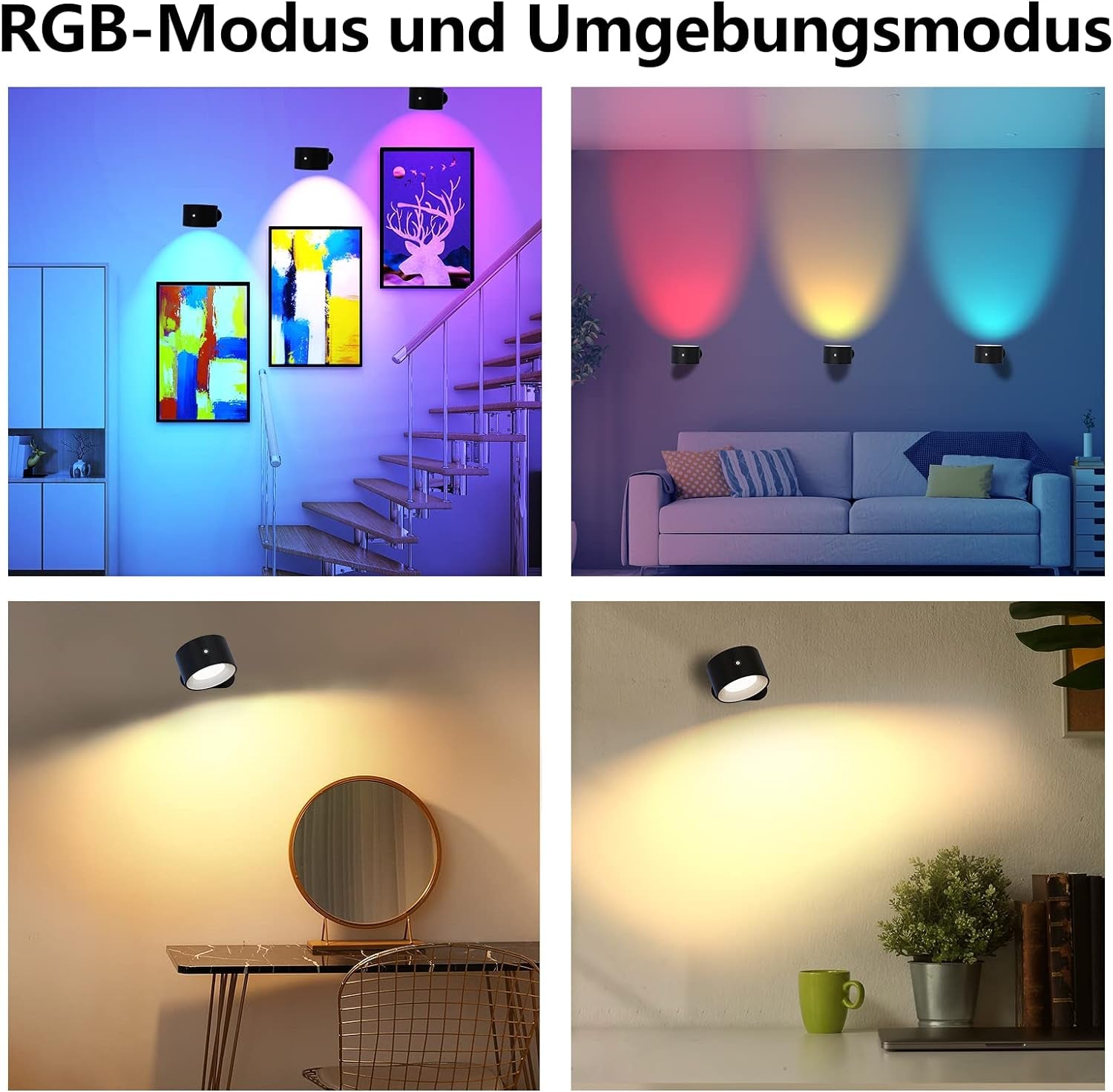 Lampada Da Parete per Interni, Smart, Dimmerabile, Con Batteria, Con Porta Di Ricarica USB, a LED, Controllo Touch, 3 Livelli Di Luminosità, 16 Milioni Di Colori, Girevole a 360°, per Soggiorno