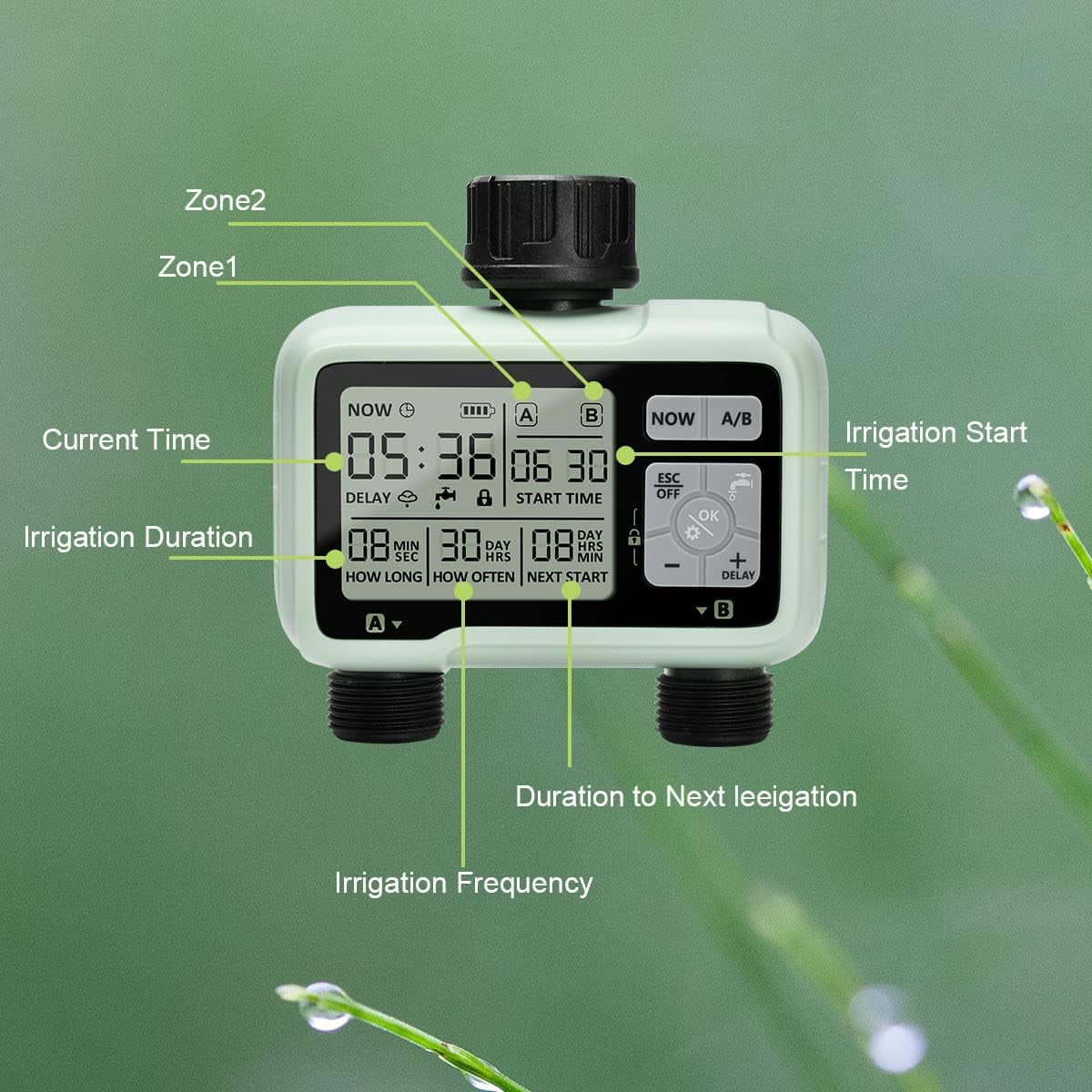Computer per L'Irrigazione Con 2 Uscite Controllate in Modo Indipendente, Timer Digitale per L'Acqua  Con Display LCD, Controller per L'Irrigazione Automatica/Manuale