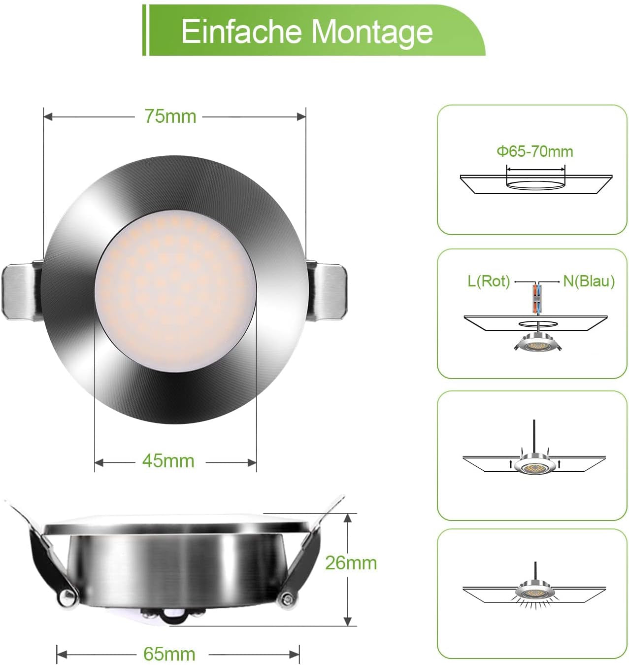 Faretto Da Incasso a LED Piatto Set Di 6 230 V 4 W Incasso Luce Metallo 3000 K Plafoniera 540 Lm CRI 90 IP44 Bagno Faretto Da Incasso 65-70 Mm Faretto Da Soffitto Bianco Caldo Faretto Da