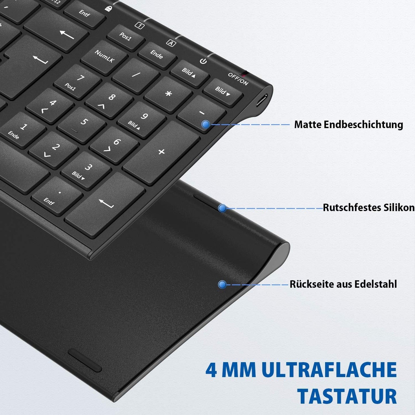 2.4G Tastiera Senza Fili, Layout Tedesco, in Alluminio, Leggera, Sottile, Layout QWERTZ, per Computer, Desktop, PC, Laptop, Superfici Smart TV E Windows 10/8/7/Vista/Xp