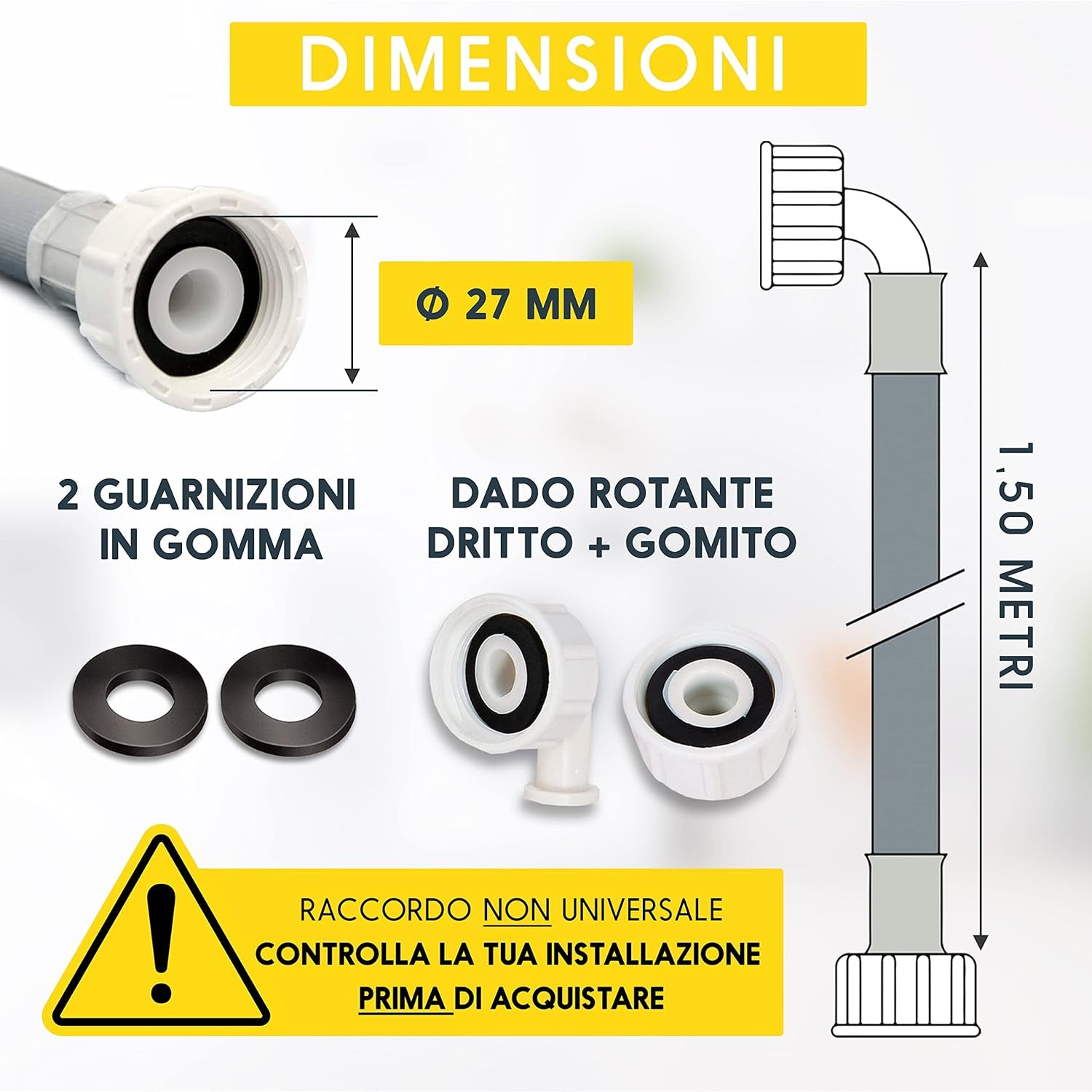 Electroo Tubo Acqua Lavatrice 1,5M | Flessibile Lavastoviglie Ø20-27 Mm | Tubo Carico Lavatrice Curalavastoviglie | Tubo Di Gomma Acqua Lavatrici Norme | Filetto in Plastica, 2 Guarnizioni in Gomma