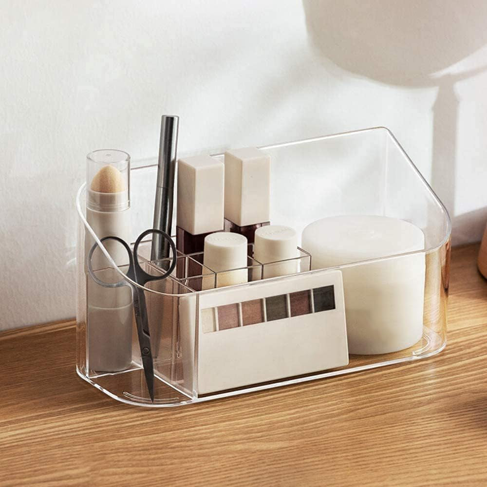 LINFIDITE Organizer per Cosmetici Organizer per Cosmetici con 9 Scomparti e 2 Divisori Rimovibili, Armadietto da Bagno Porta Cosmetici, Scatola per Cosmetici Essenziali di Bellezza Trasparente