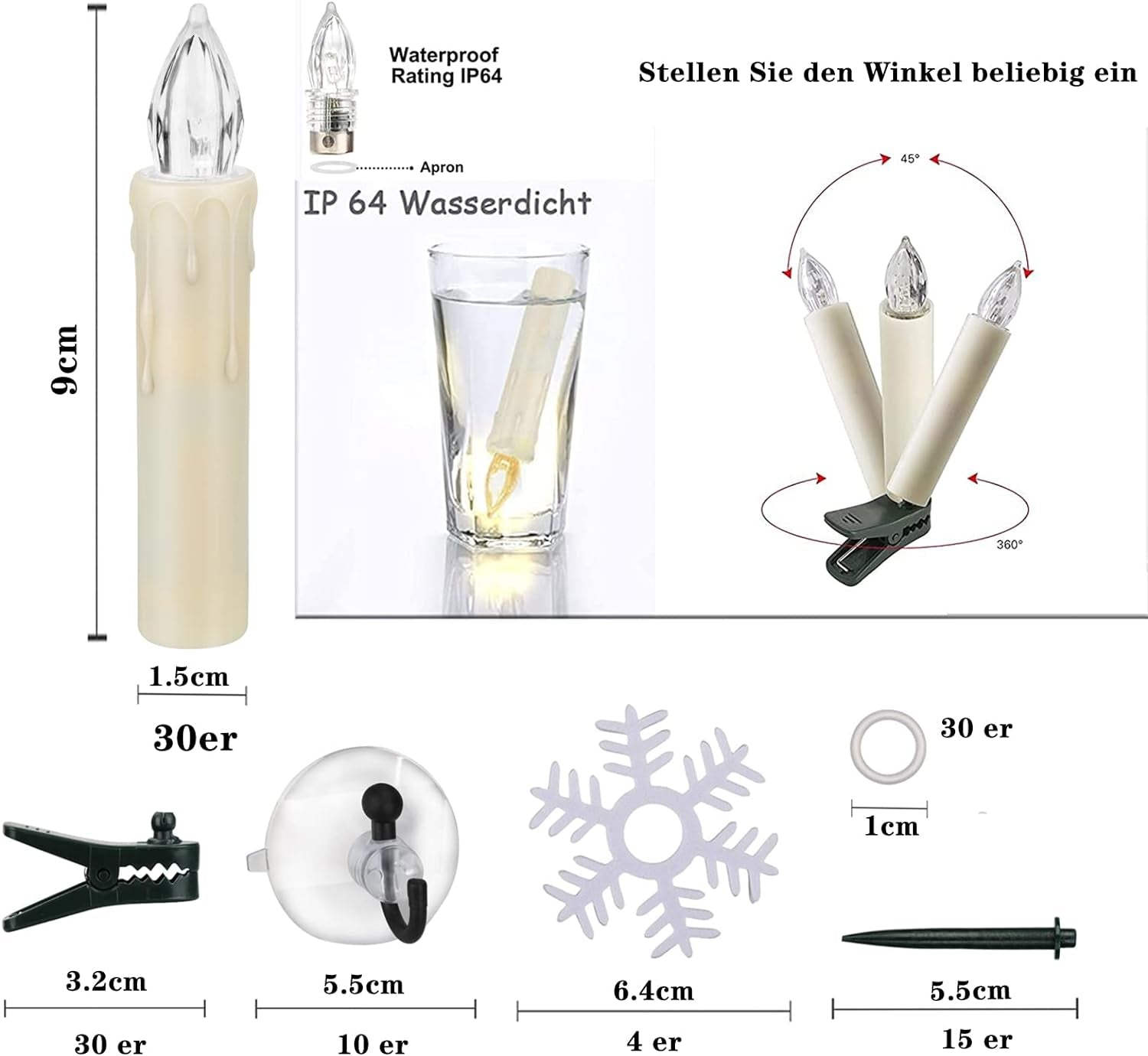 30 Candele a LED per Albero Di Natale, Senza Fili, Con Telecomando, Timer, Tremolante, Dimmerabili, per Albero Di Natale, Luci Da Giardino (30 Pezzi)