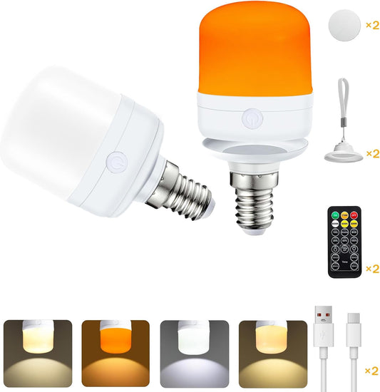 Lampadina Ricaricabile, 2 Pacchetti Di Lampadine LED E14 a Batteria Con Timer Dimmerabile a 4 Colori, 7W, Telecomando Staccabile per Luci Da Tavolo Da Esterno, NON Cablata