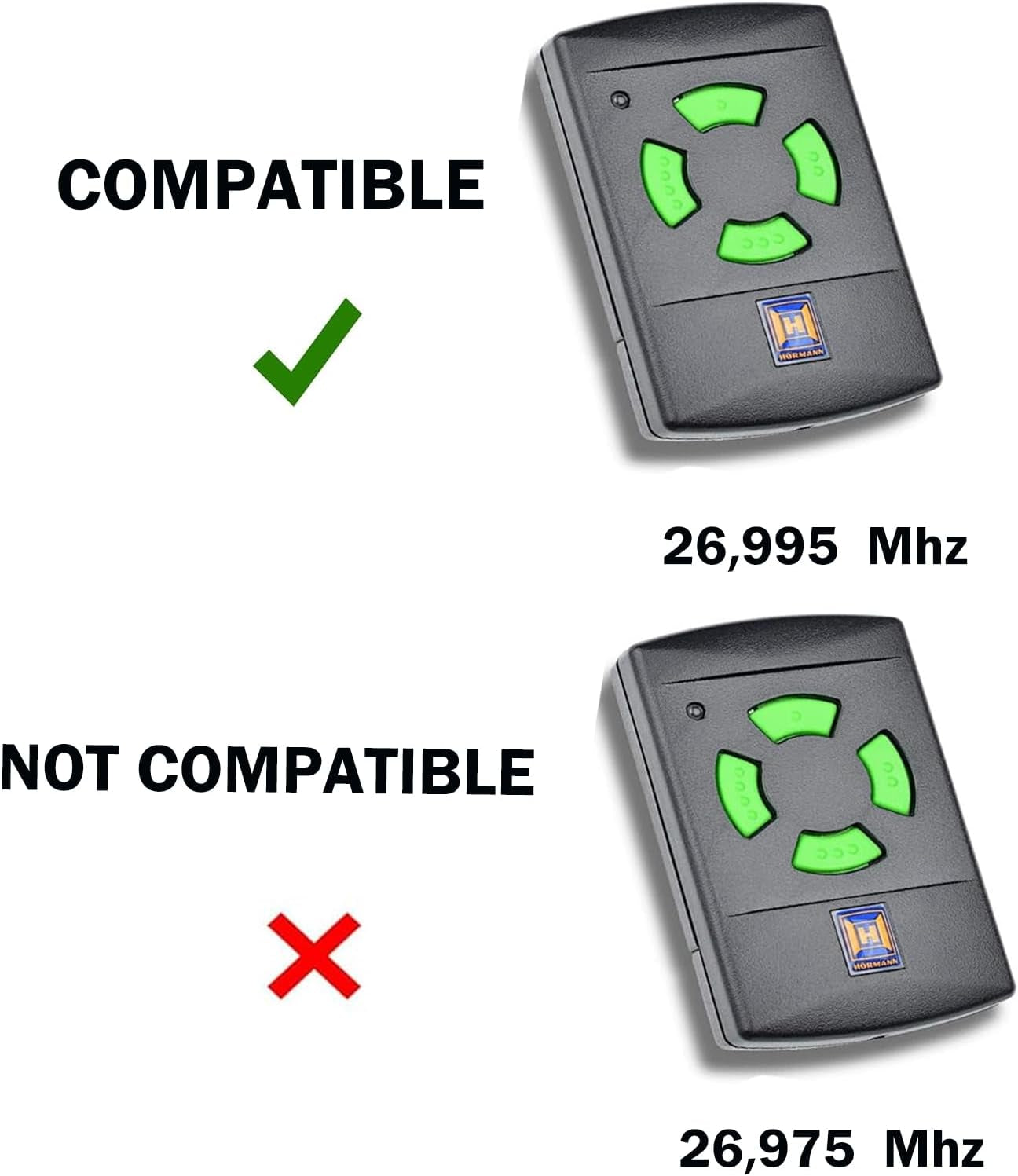 26,995 Mhz, Apertura per Porta Del Garage, Telecomando Compatibile Con Hörmann 26 Mhz, 26,9 Mhz, Hormann HSM2, HSM4, HS1, HS2, HS4, HSE2, HSZ1, HSZ2, HSP4, 1 Pezzo