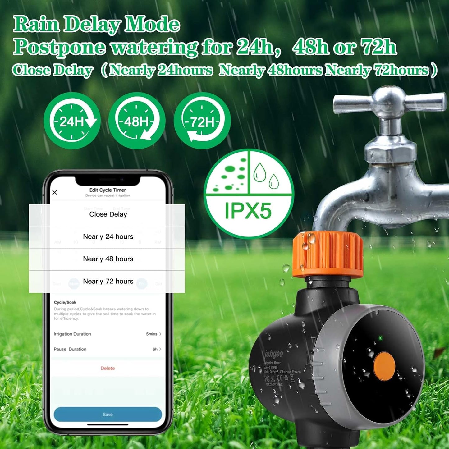 Timer Intelligente per Acqua Con Hub Wi-Fi, Timer per Tubo Flessibile Bluetooth Con Ritardo Pioggia per Rubinetto Da Giardino Esterno, Timer per Irrigazione Programmabile