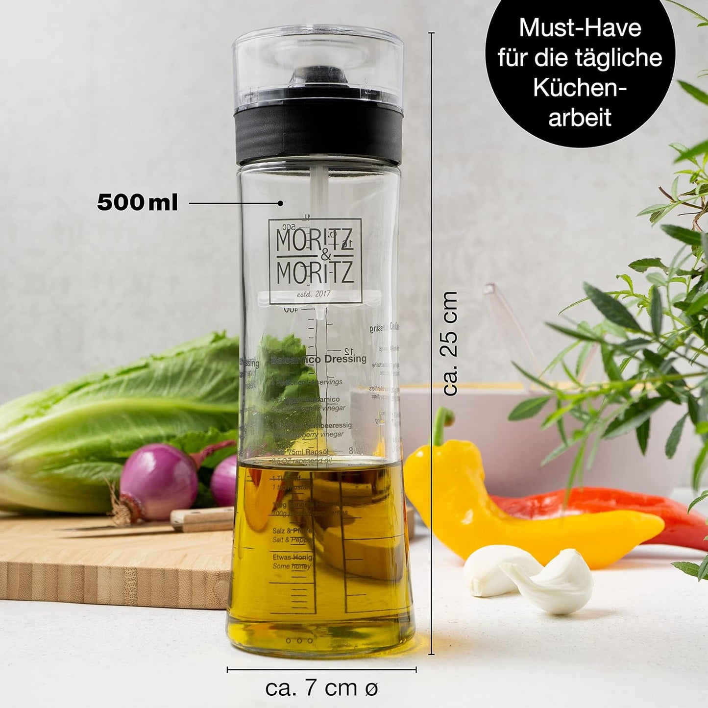 Shaker per Condimento 500 Ml – Recipiente in Vetro per Condimenti per Insalata Con Scala Graduata E 3 Ricette in Tedesco E Inglese - Comprese Posate per Insalata