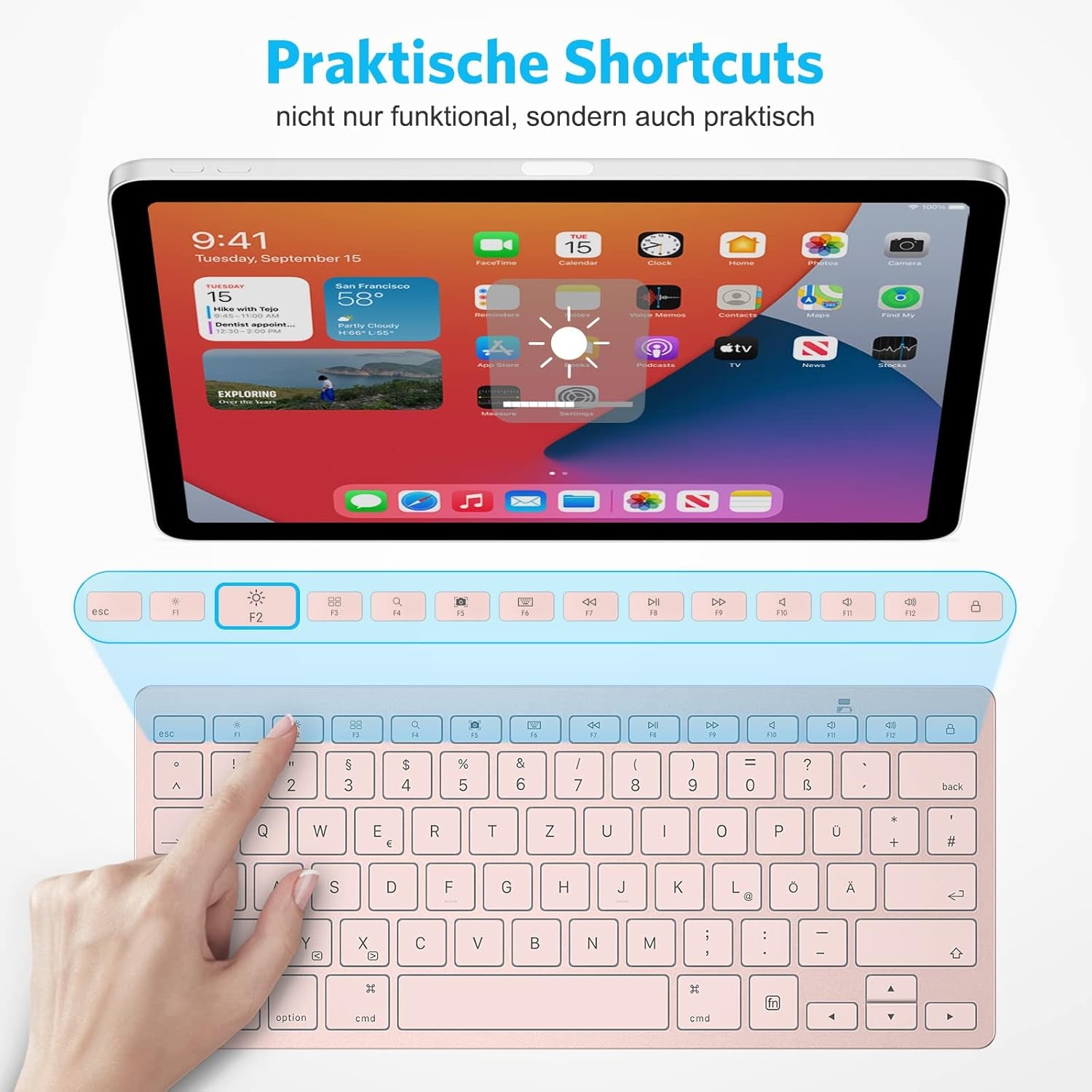 Tastiera Bluetooth Tedesca per Ipad, Ultra Sottile, Compatibile Con Ipad 10,2/9,7, Ipad Pro 11/Ipad Pro 12.9, Ipad Air/Ipad Mini/Iphone, Connessione Stabile, Rosa