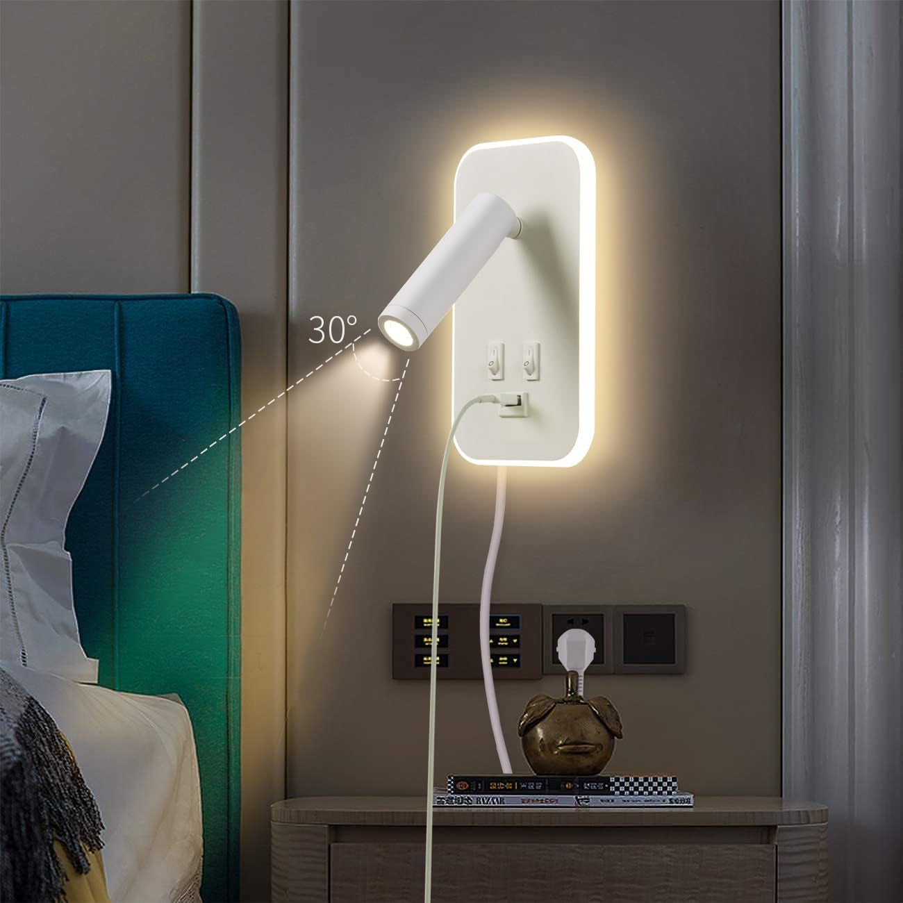 Lampada Da Parete a LED, Lampada Da Lettura Da Comodino, Con Porta Di Ricarica USB, Faretto Regolabile Con Luce Ambientale per Camera Da Letto (3W 3100K+9W 6000K) Con Cavo E Spina, Bianco