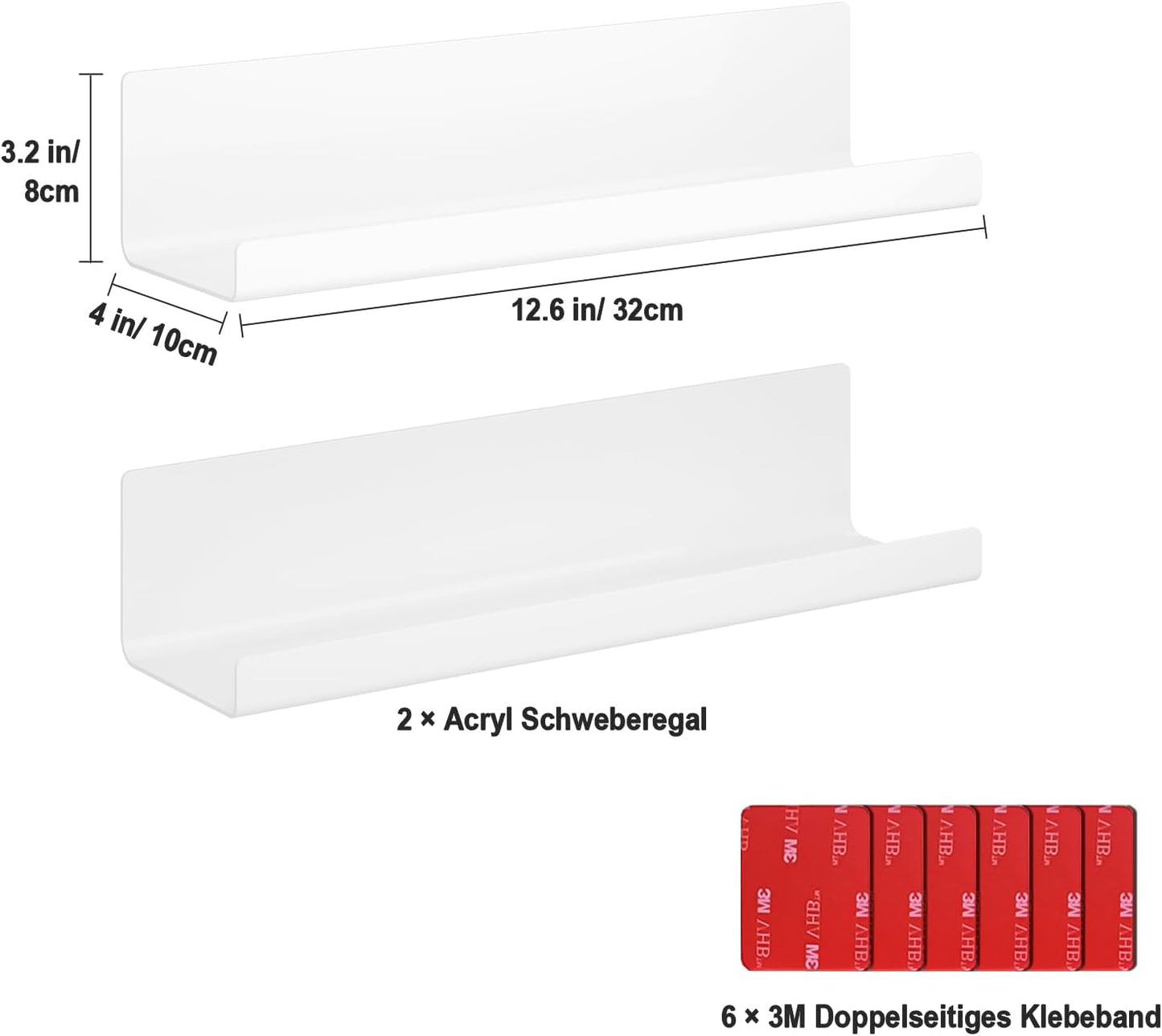 Mensola Da Muro Senza Foratura Set Da 2 - Bianco Acrilico Mensole Adesive per Libri E Foto, Mensole Da Parete per Cucina, Bagno, Ufficio, Soggiorno (32 X 10 X 8 Cm)