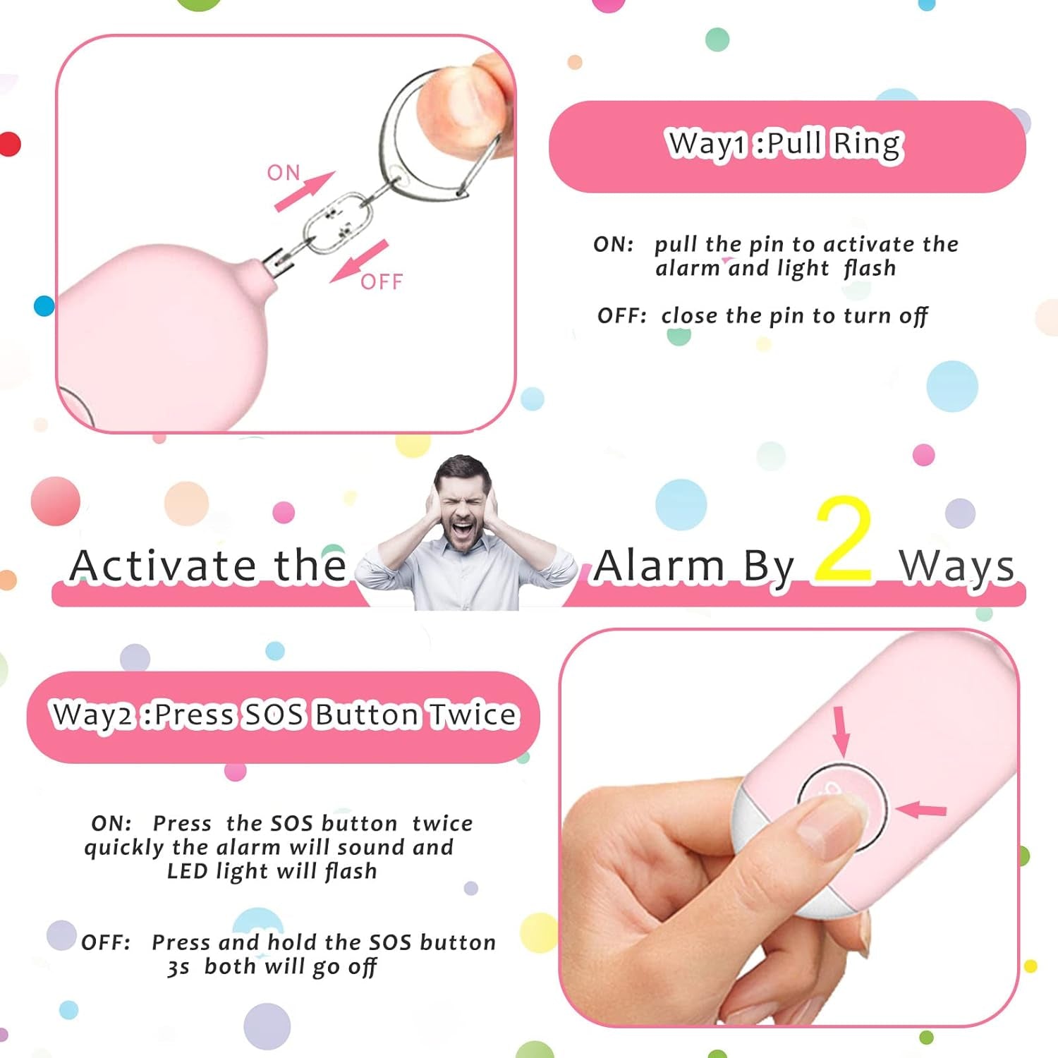 Allarme Personale Ricaricabile, 130 Db Forte Suonoallarme Di Sicurezza Personale Allarme Autodifesa per Donne/Bambini/Ragazze/Anziani Con Torcia Led(Bianco+Rose)