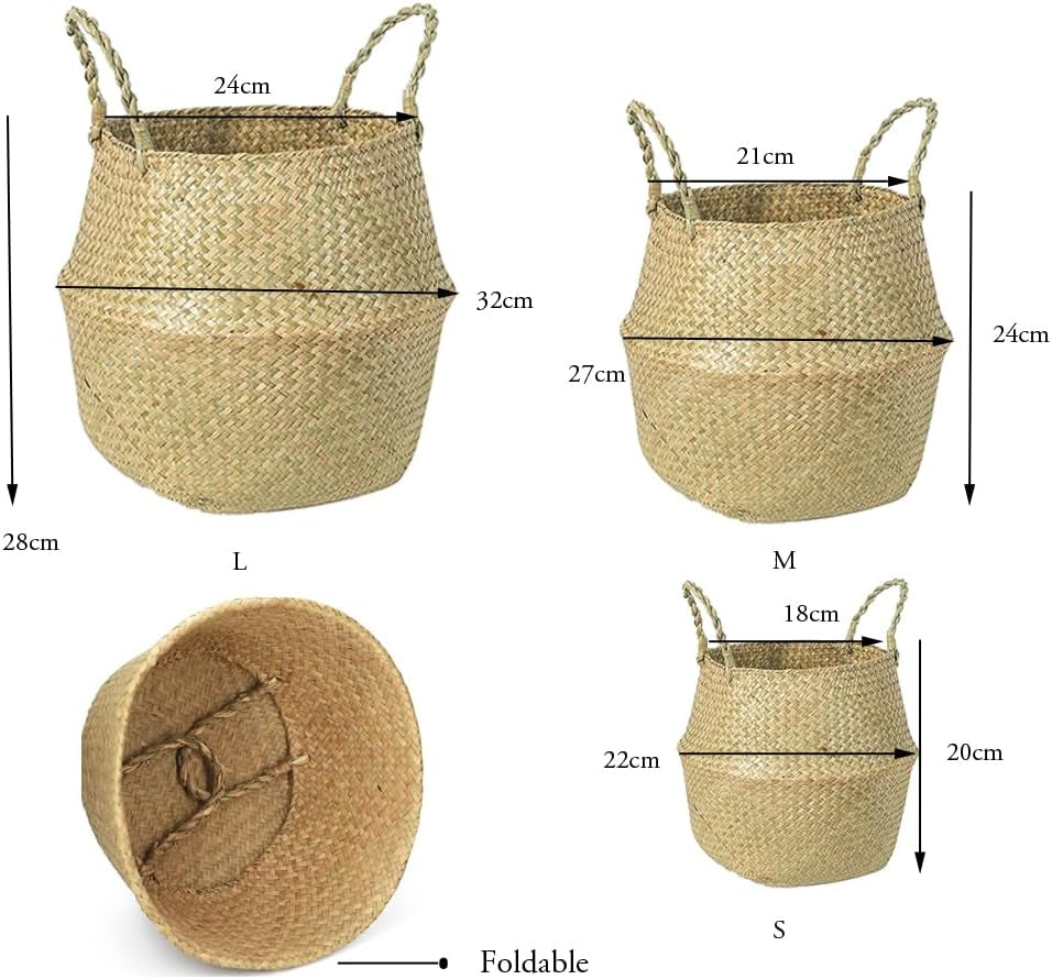 Natural Sea Grass Basket, Goodchanceuk 3Pcs/Set Cestino Di Stoccaggio Con Manico Pieghevole Vaso Appeso Vaso Decorativo in 3 Dimensioni, 20 X 17 Cm/22,5 X 24 Cm/24,5 X 28 Cm