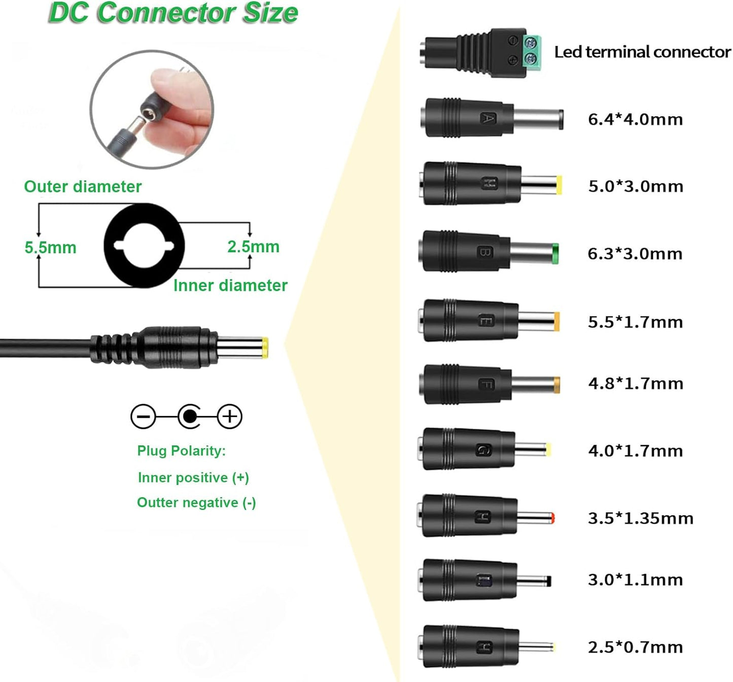 Gonine 24V 2.5A 60W Adattatore Di Alimentazione, DC 24V 2.5A 2A 1.5A 1A Alimentatore Switching Con Spina DC 5.5 X 2.5 Mm E 10 PCS Connettore Jack DC per Strisce LED, Monitor Computer